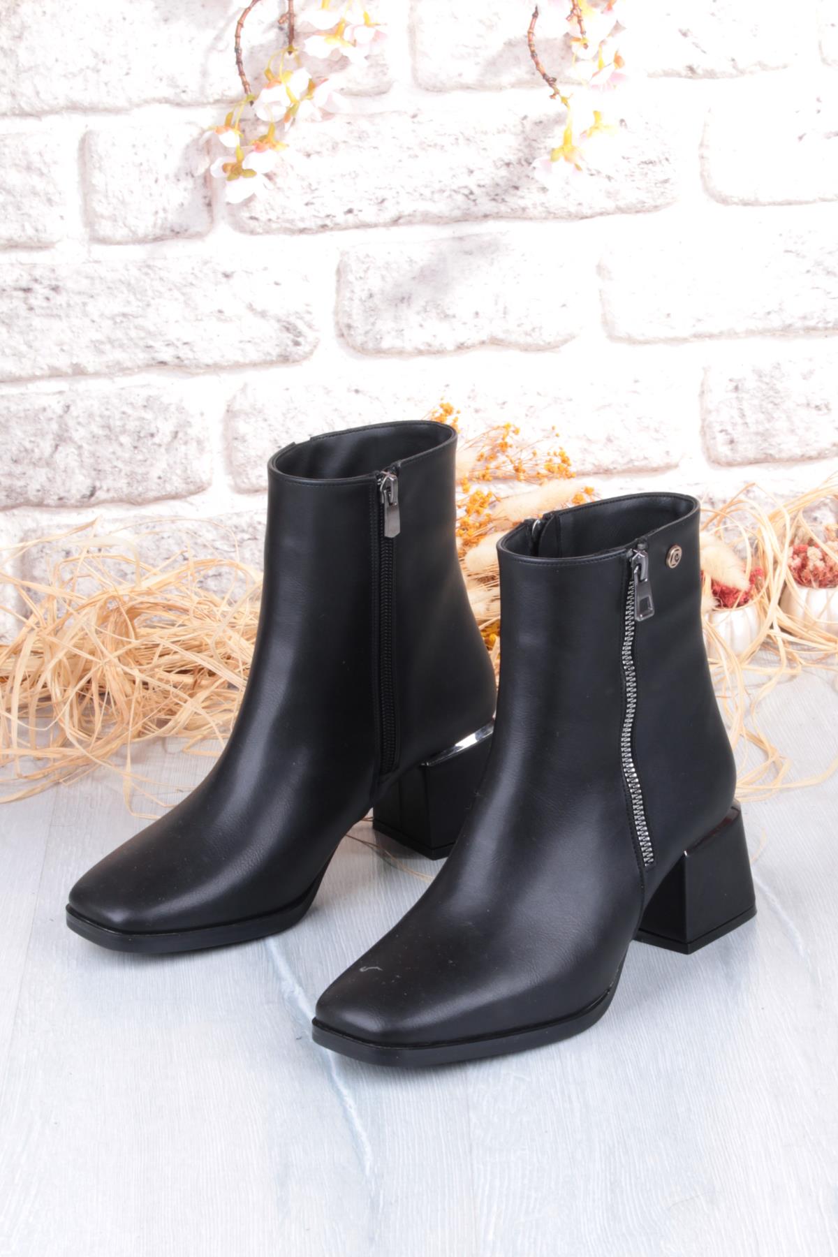 54971 Siyah Cilt Fermuar Detaylı Kalın Topuklu Kadın Bot - Görsel 8