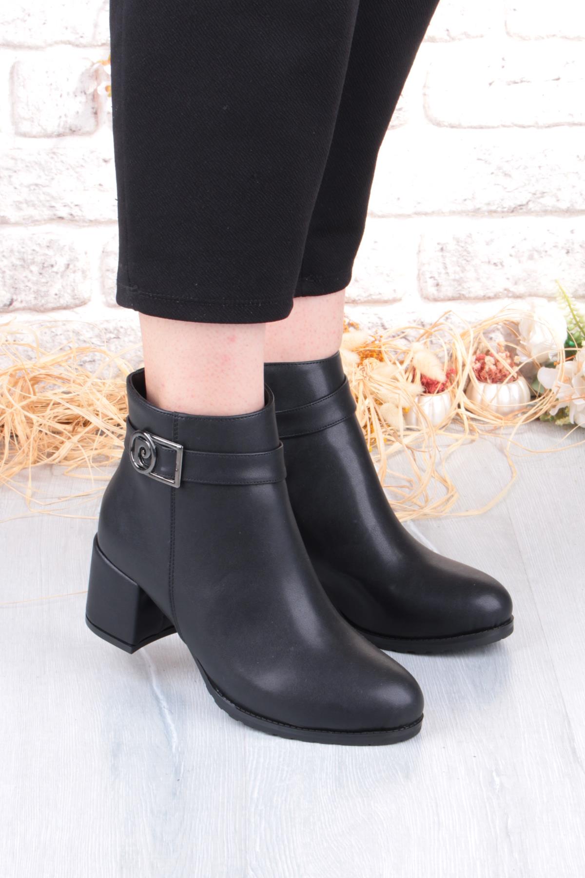 54191 Siyah Cilt Sıcak Astar Kalın Topuklu Kadın Bot - Görsel 2