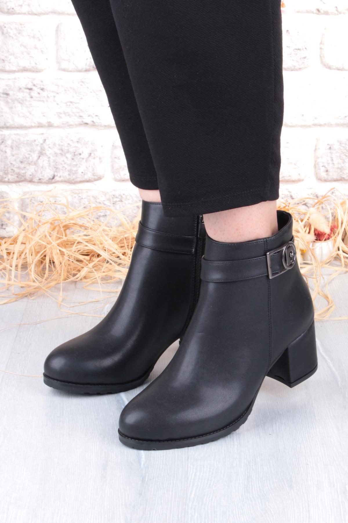 54191 Siyah Cilt Sıcak Astar Kalın Topuklu Kadın Bot - Görsel 5