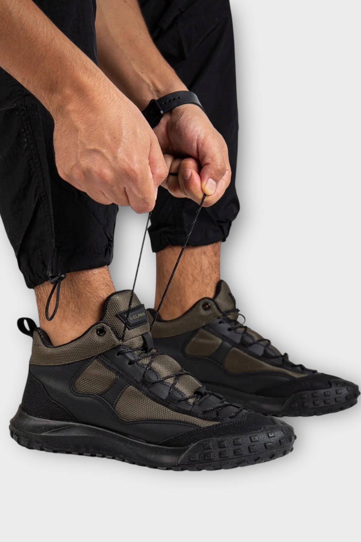 Deri Görünümlü Erkek Trekking &amp; Outdoor Bot Ayakkabı SİYAH - HAKİ - Görsel 3