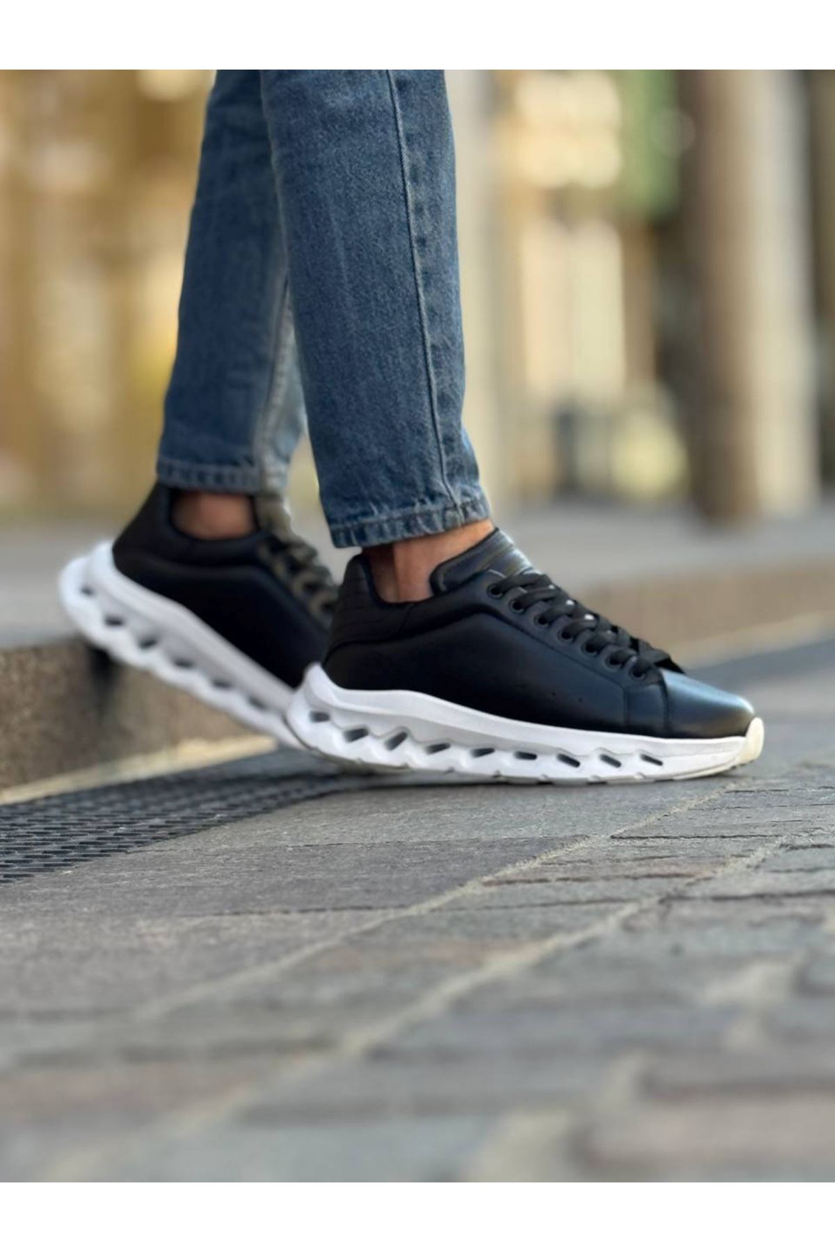 Bağcıklı Erkek Spor AyakkabI Siyah (Beyaz Taban) - Görsel 4