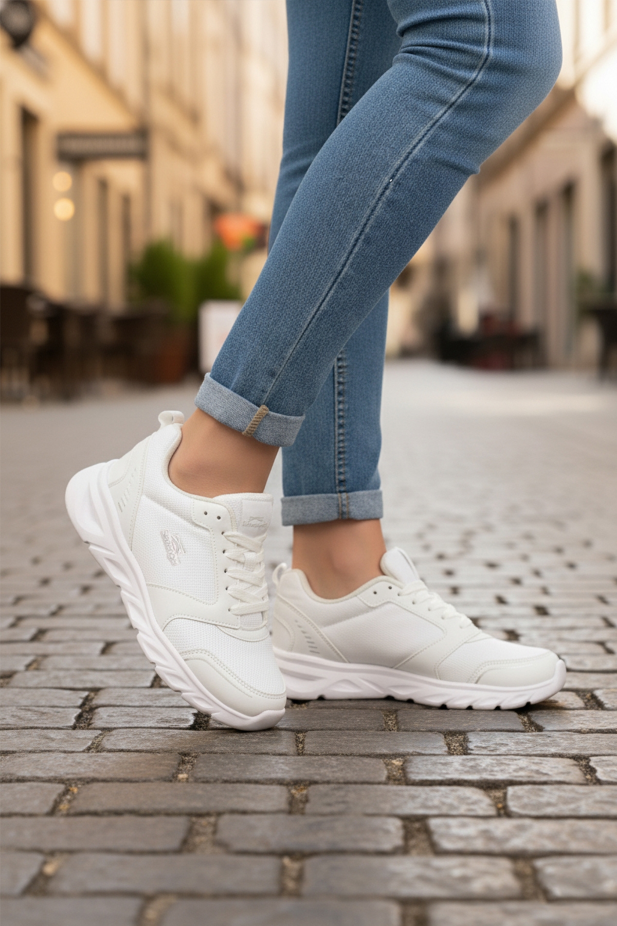 Beyaz Bağcıklı Cilt Unisex Spor Ayakkabı - Görsel 4