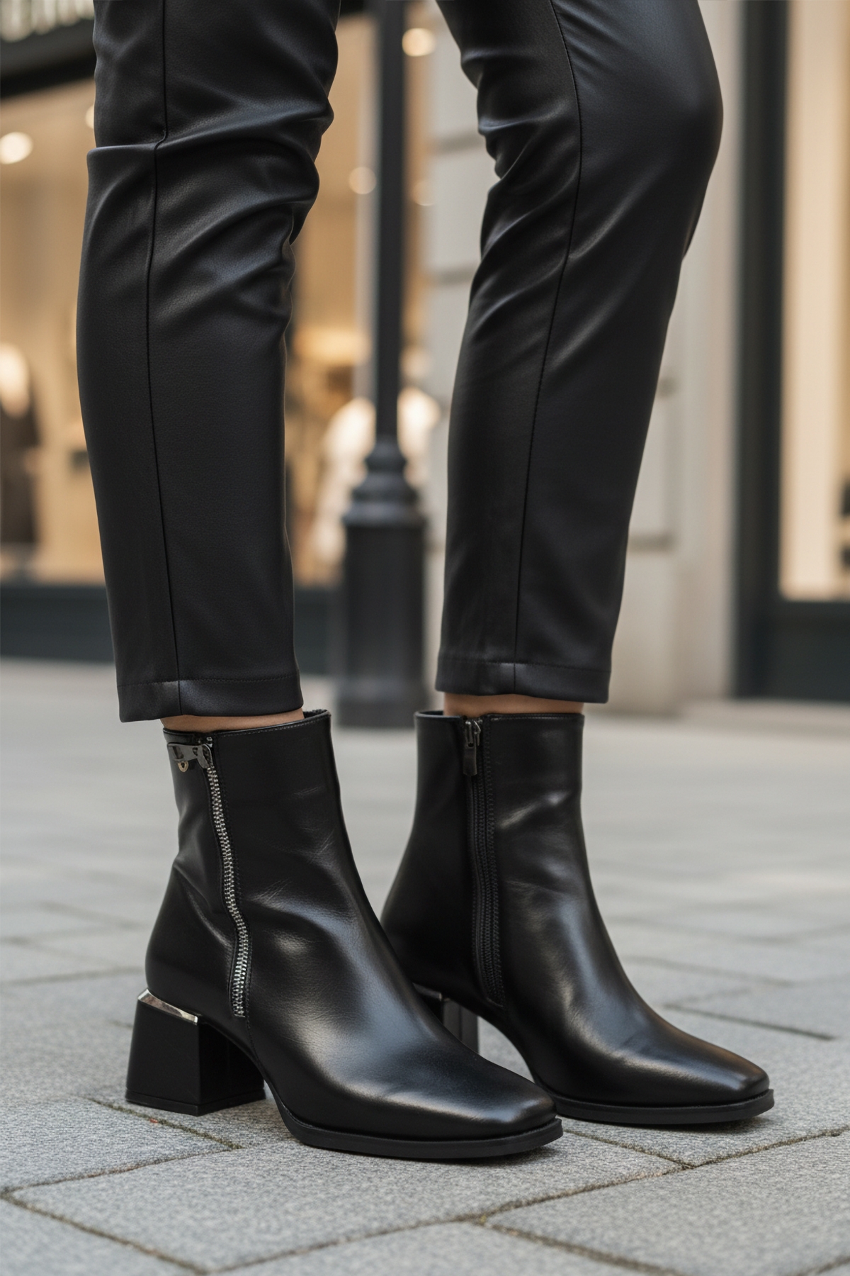 Siyah Parlak İçi Polarlı Fermuarlı Kadın Topuklu Bot - Görsel 4