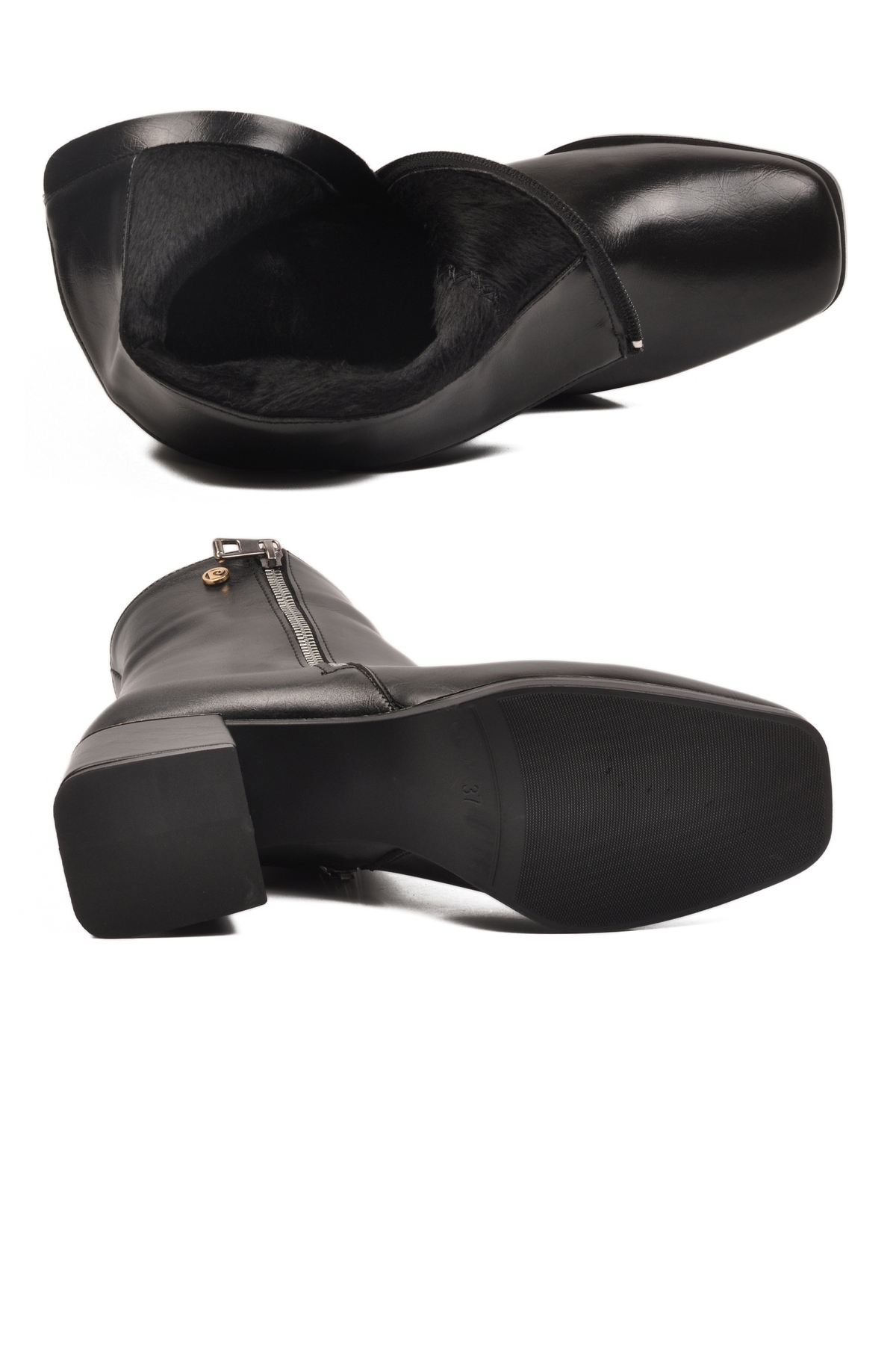 Siyah Parlak İçi Polarlı Fermuarlı Kadın Topuklu Bot - Görsel 6