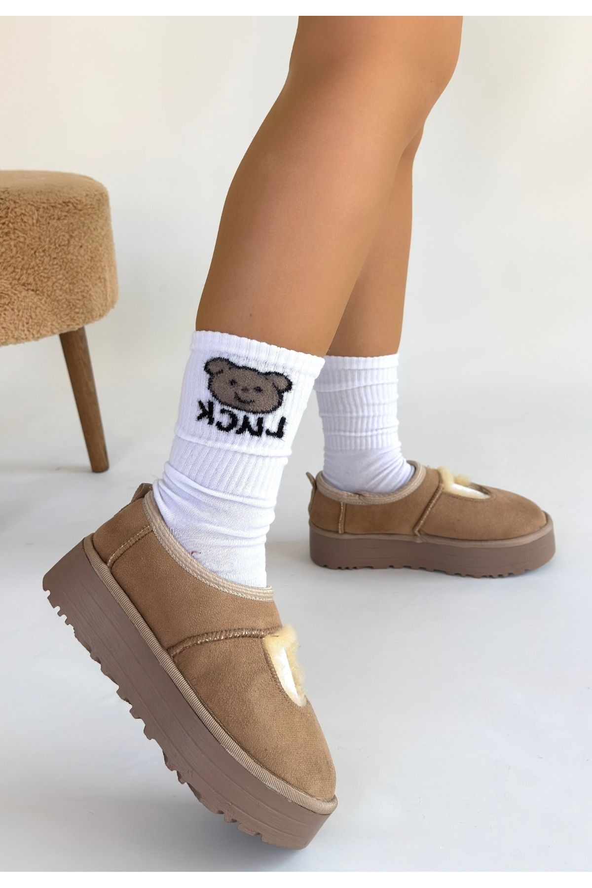 Vizon Süet Kürklü Kadın Düz Bootie - Görsel 2