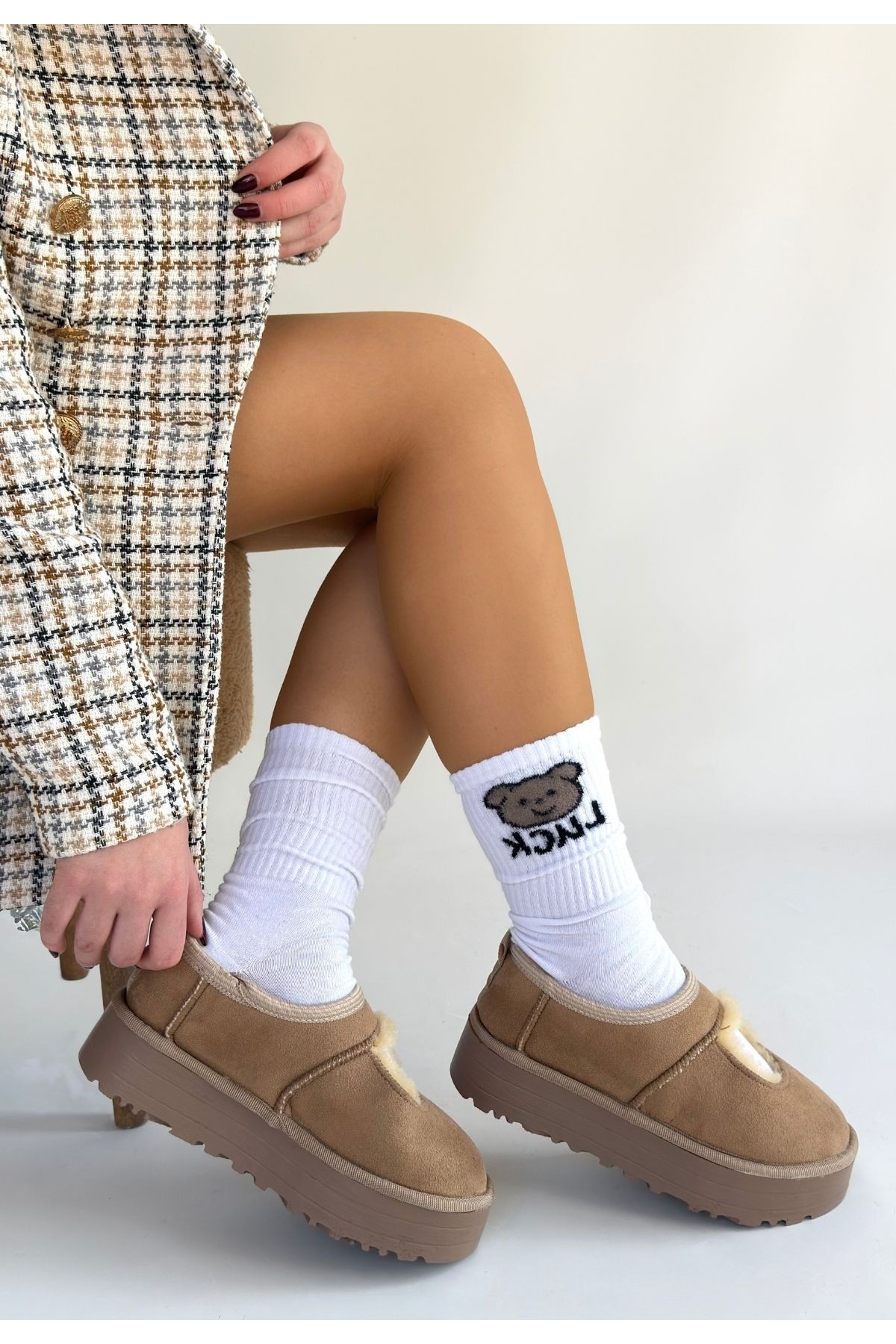 Vizon Süet Kürklü Kadın Düz Bootie - Görsel 4