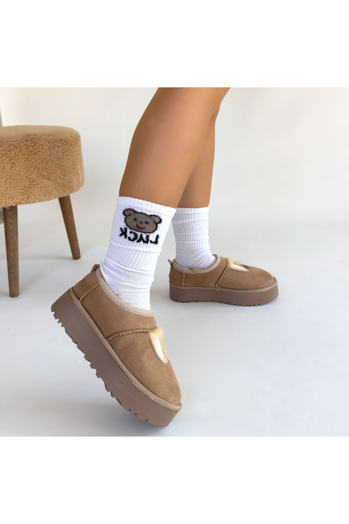 Vizon Süet Kürklü Kadın Düz Bootie - Görsel 5