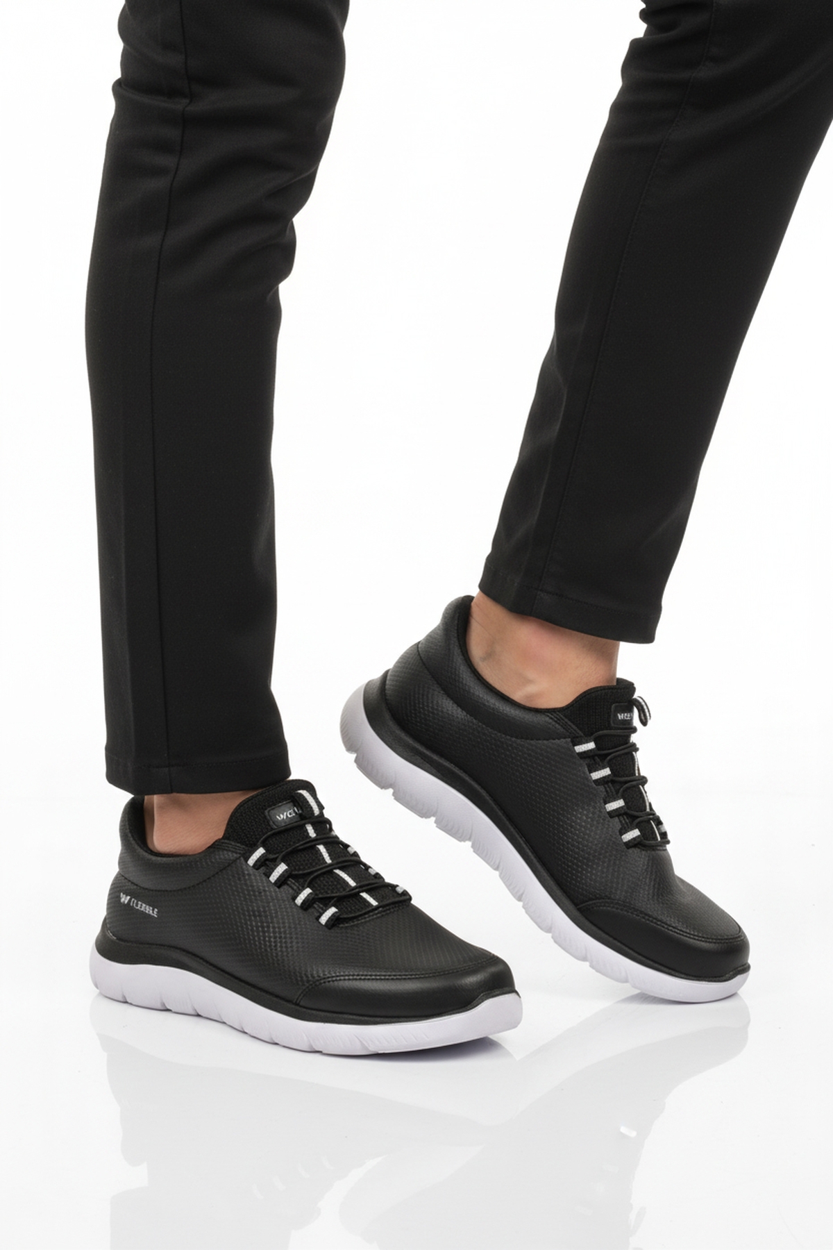 Siyah Beyaz Bilekten Lastikli Erkek Spor Ayakkabı Flexible Pu M - Görsel 2