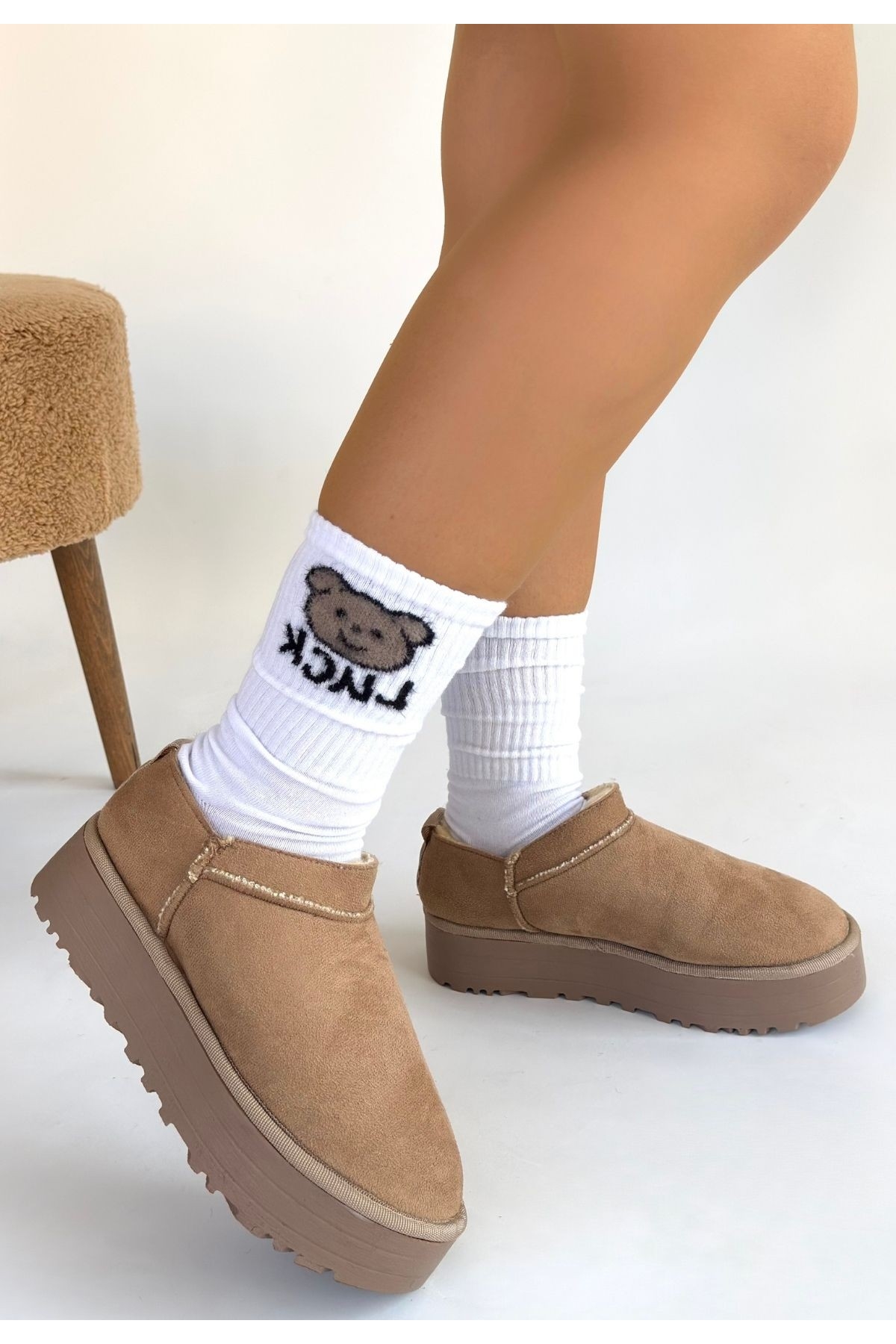 Bej Süet Kürklü Kadın Düz Bootie - Görsel 2