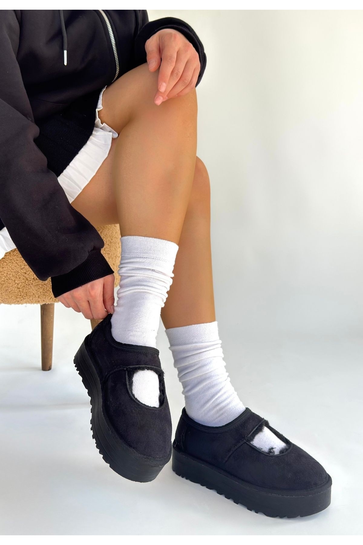 Siyah Süet Kürklü Kadın Düz Bootie - Görsel 2