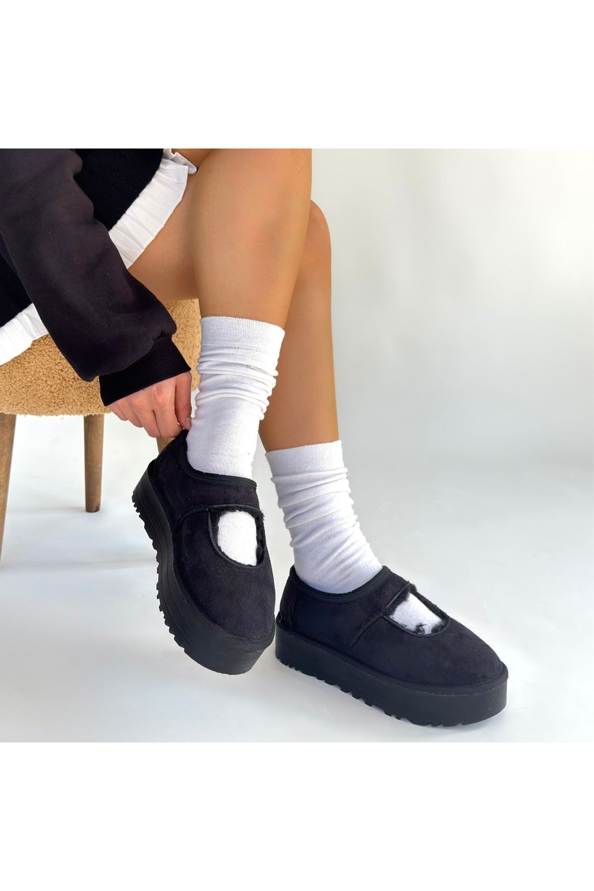 Siyah Süet Kürklü Kadın Düz Bootie - Görsel 4