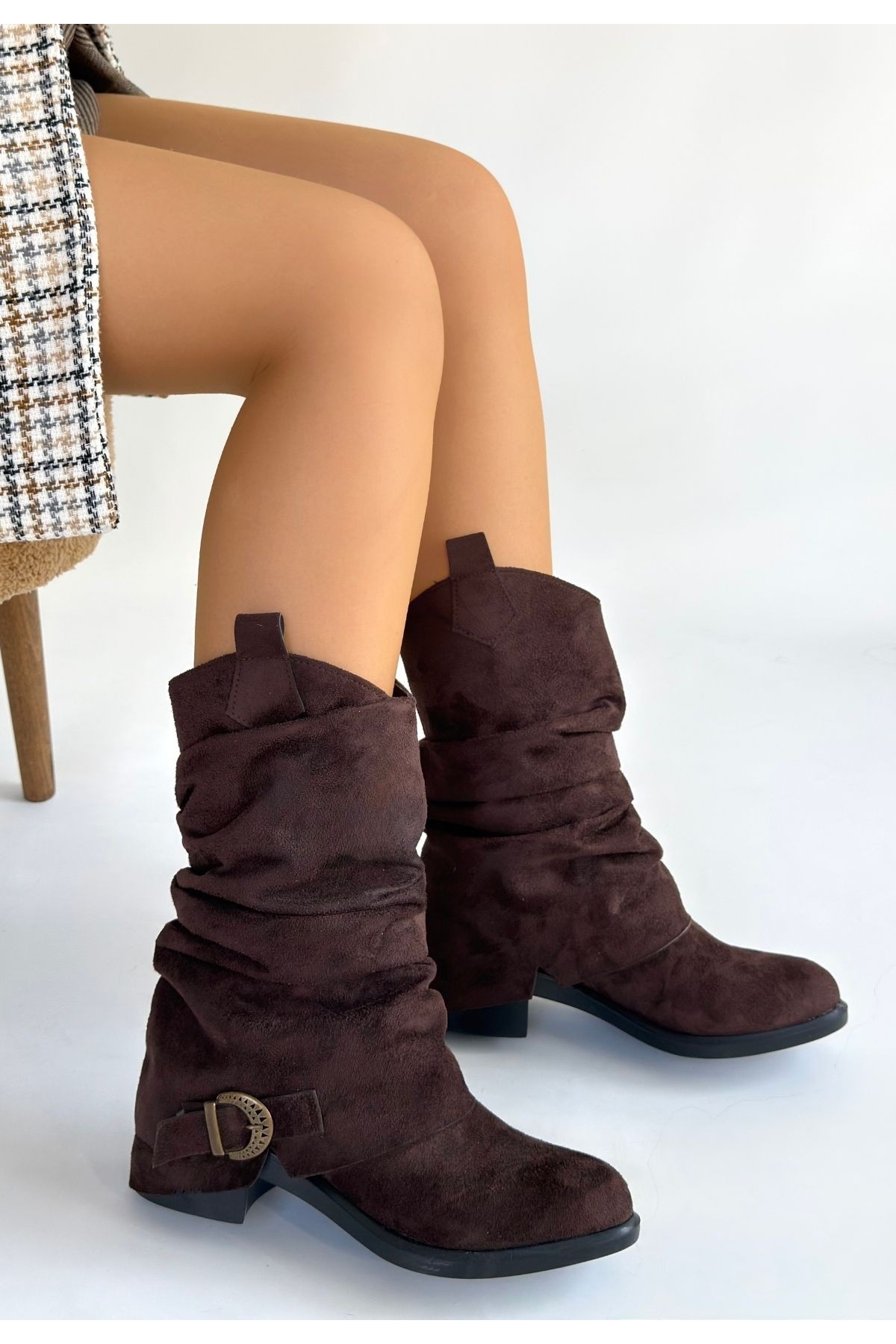Kahverengi Süet Körüklü Kadın Topuklu Çizme - Görsel 4