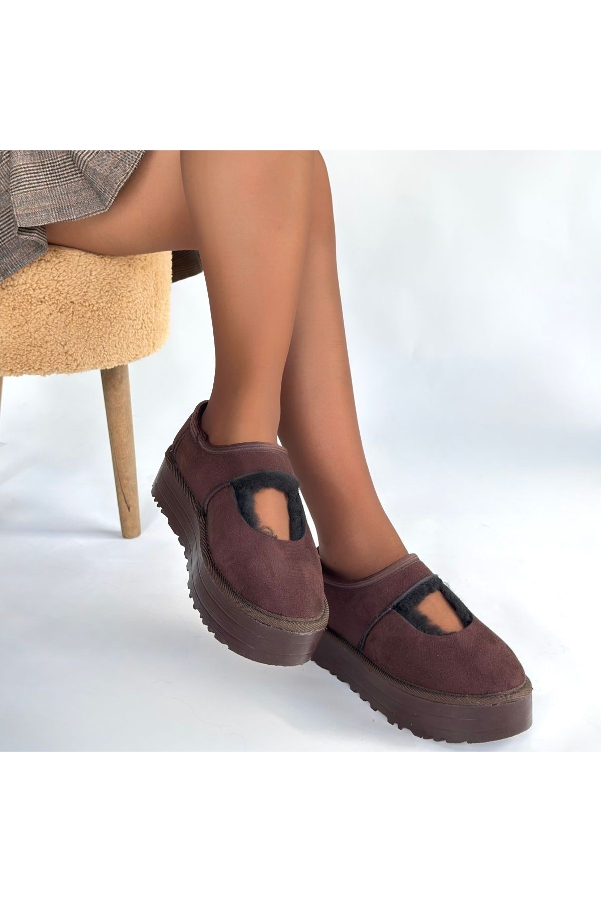 Kahverengi Süet Kürklü Kadın Düz Bootie - Görsel 5