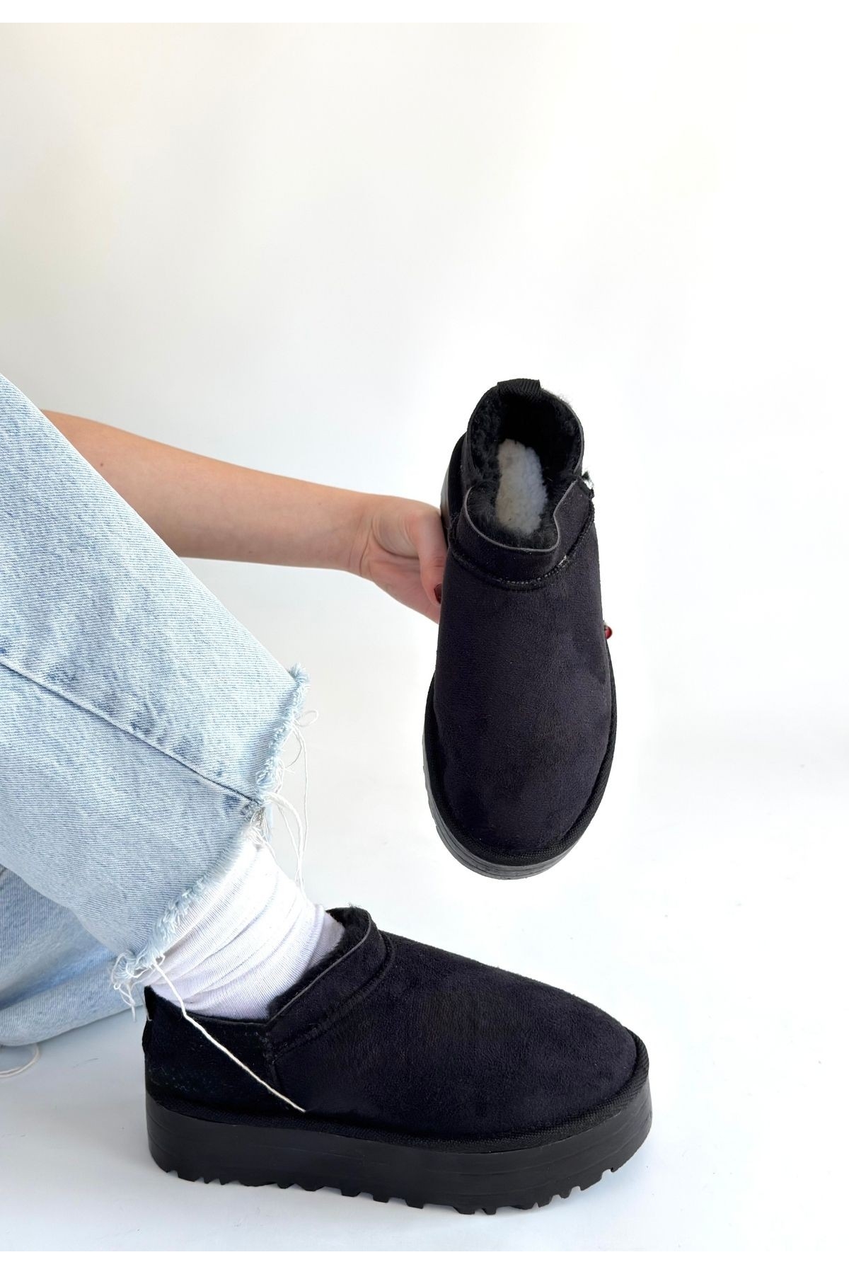 Siyah Süet Kürklü Kadın Düz Bootie - Görsel 3