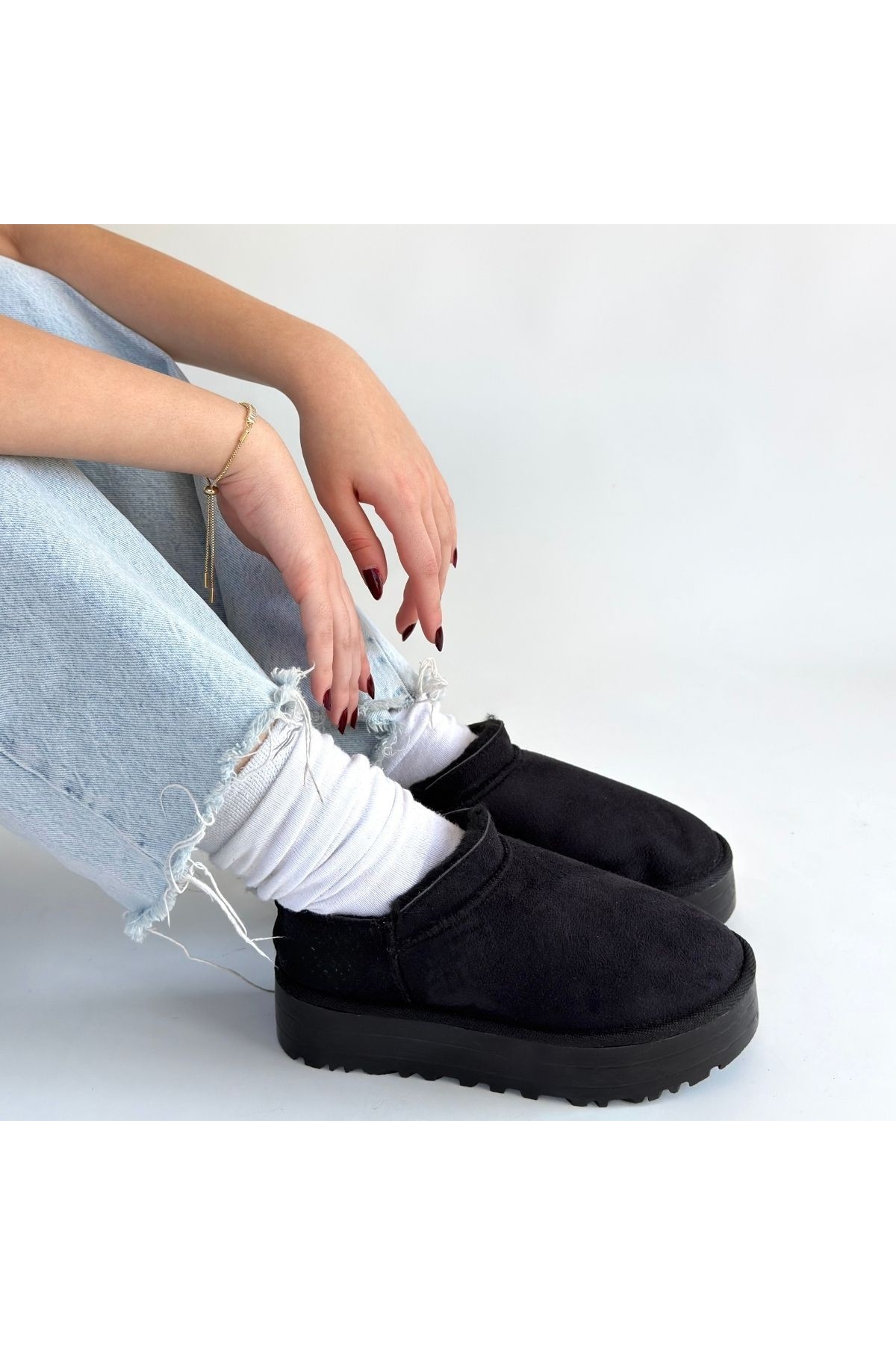 Siyah Süet Kürklü Kadın Düz Bootie - Görsel 5