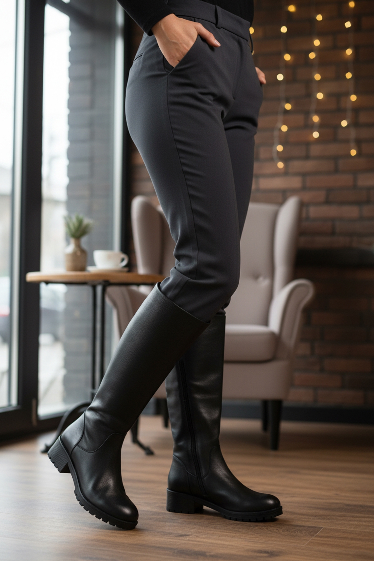 Siyah Hakiki Deri İçi Polarlı Kaymaz Kadın Çizme 26900-1 Z - Görsel 4