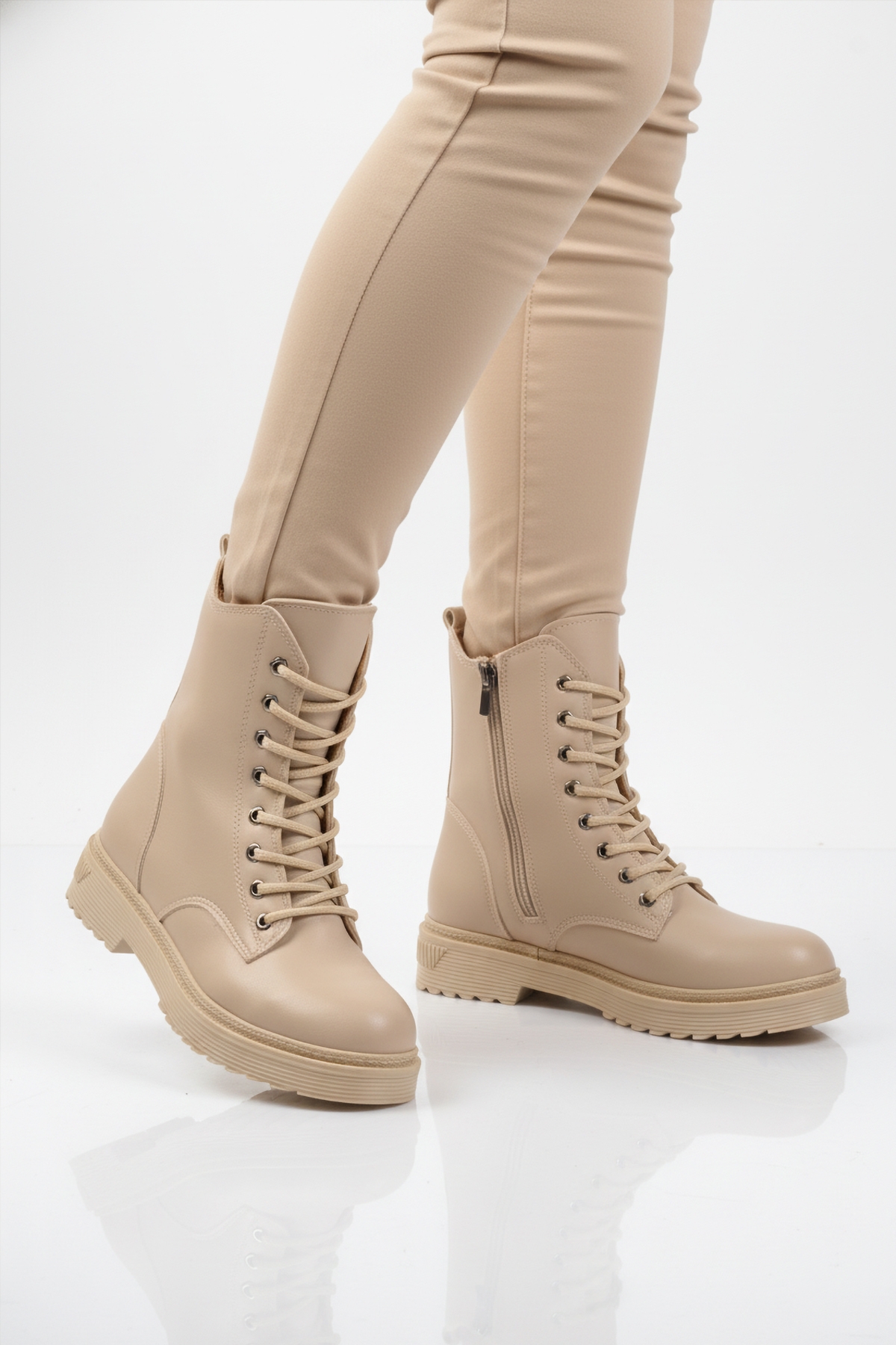 Bej Cilt Kürklü Bağcıklı Fermuarlı Kaymaz Kadın Bot 525383 Z - Görsel 2