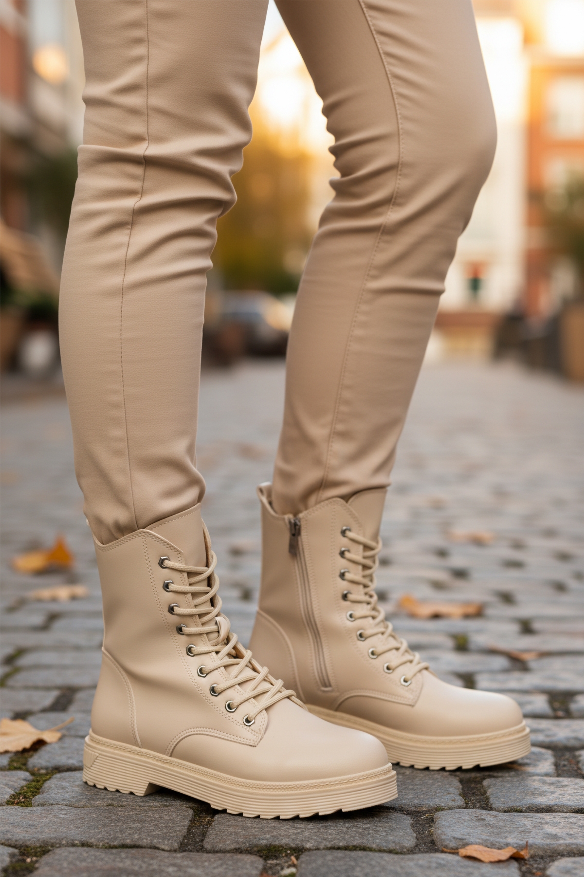 Bej Cilt Kürklü Bağcıklı Fermuarlı Kaymaz Kadın Bot 525383 Z - Görsel 4