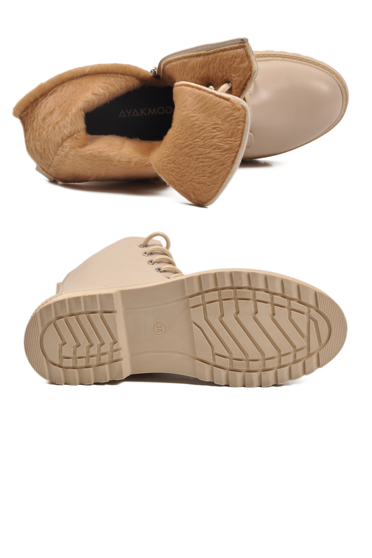 Bej Cilt Kürklü Bağcıklı Fermuarlı Kaymaz Kadın Bot 525383 Z - Görsel 6