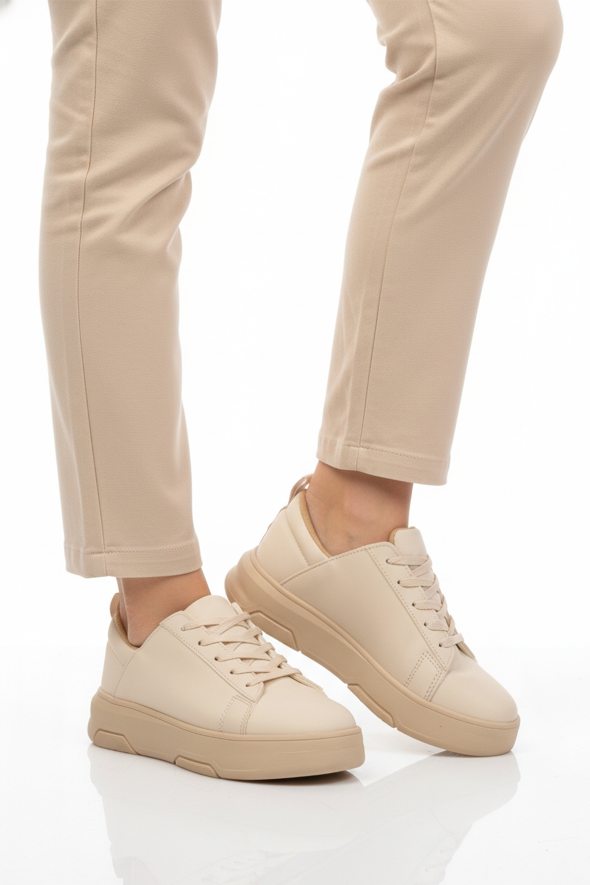 Bej Kalın Taban Bağcıklı Unisex Spor Ayakkabı OZ-03 Z - Görsel 2