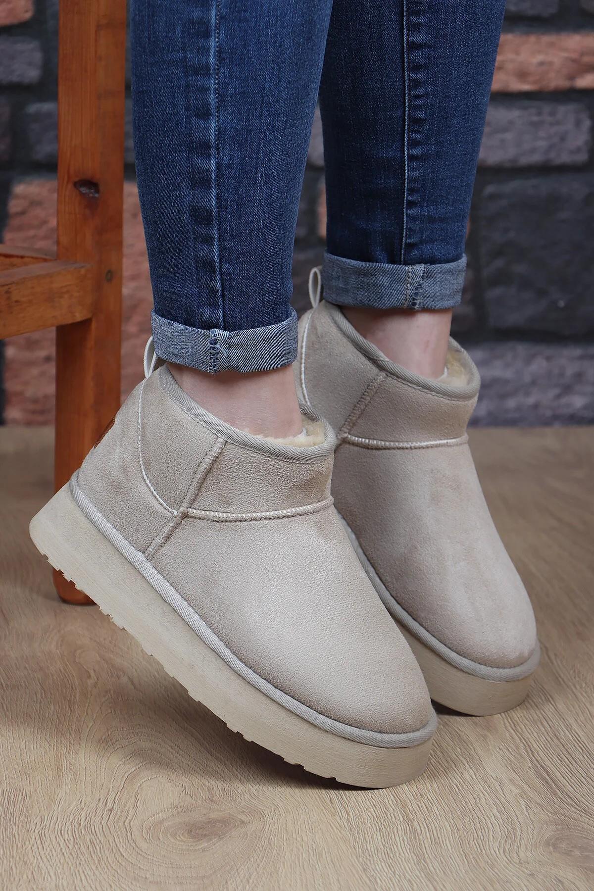 52709 Süet İçi Kürklü Kalın Taban Mini Boy Bilekte Kısa Kadın Bot - Görsel 2