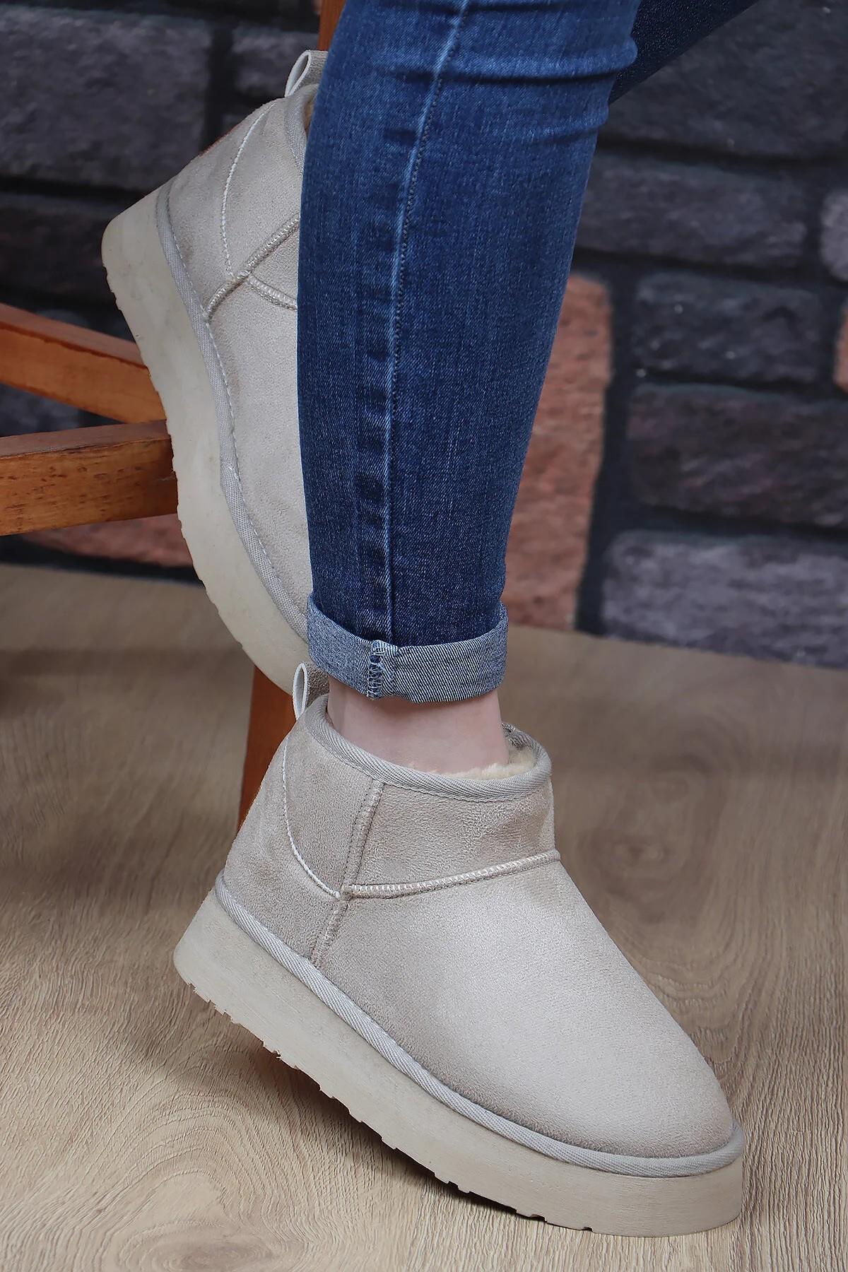 52709 Süet İçi Kürklü Kalın Taban Mini Boy Bilekte Kısa Kadın Bot - Görsel 5