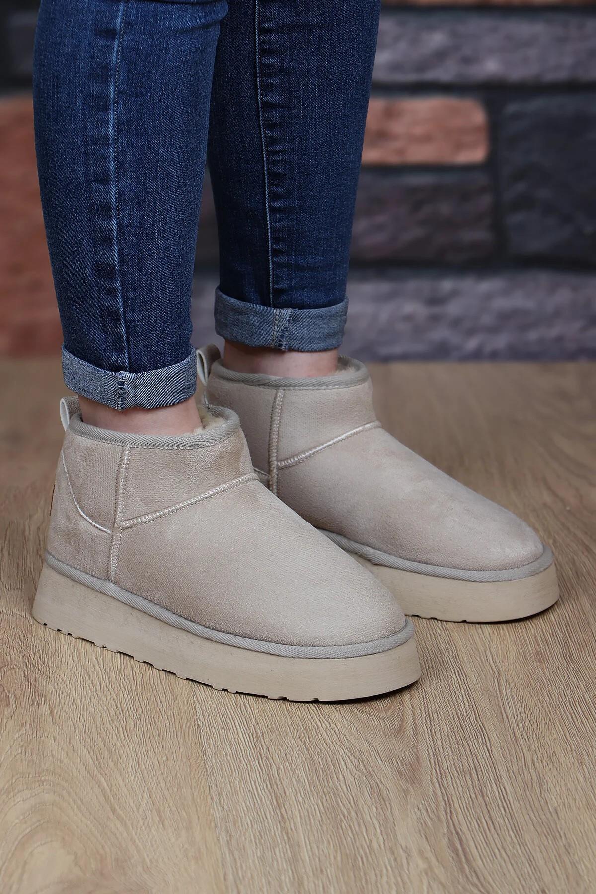 52709 Süet İçi Kürklü Kalın Taban Mini Boy Bilekte Kısa Kadın Bot - Görsel 6