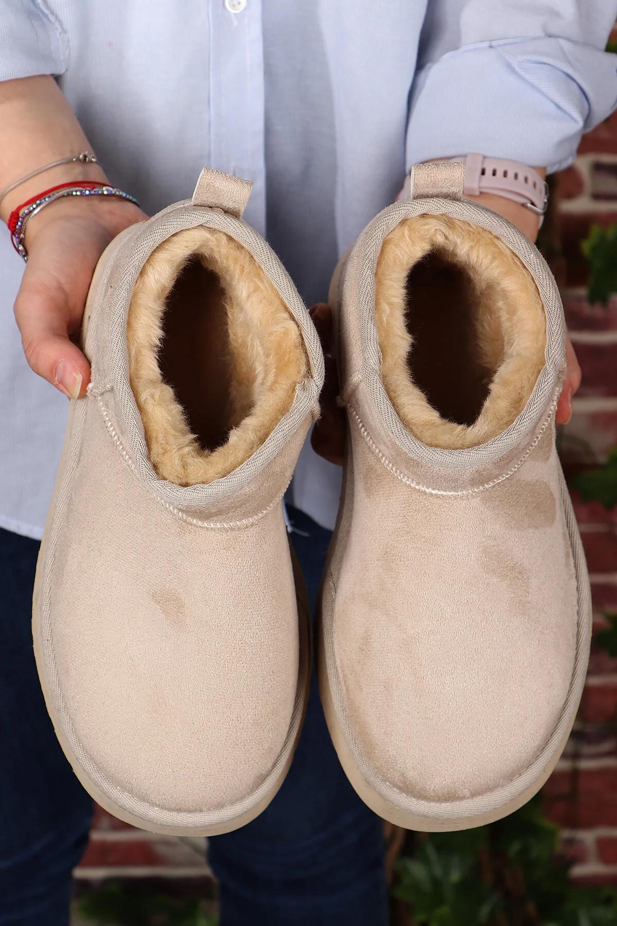 52709 Süet İçi Kürklü Kalın Taban Mini Boy Bilekte Kısa Kadın Bot - Görsel 8