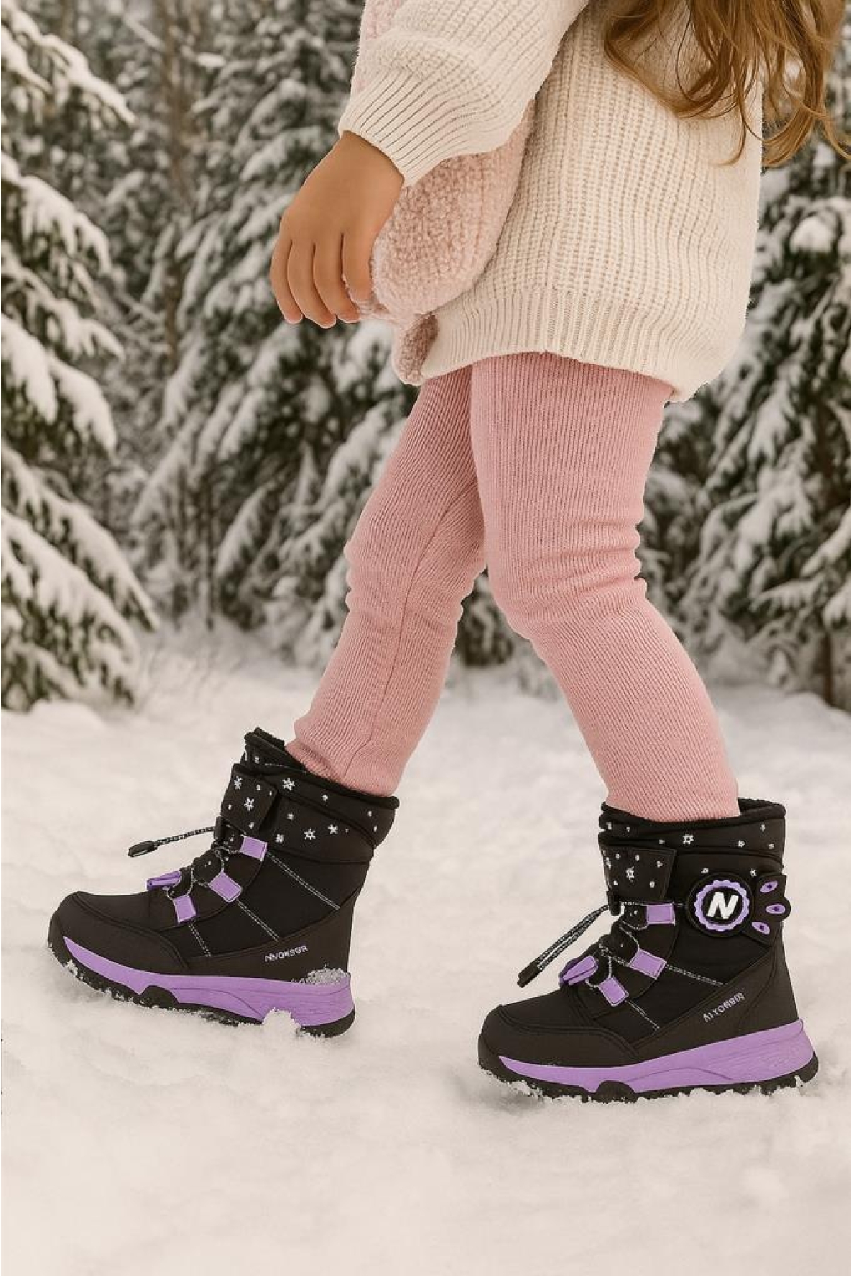 Kız Çocuk Suya Ve Soğuk Havaya Dayanıklı Kaymaz Taban Cırtlı Lacivert Pembe Kar Botu - Görsel 4