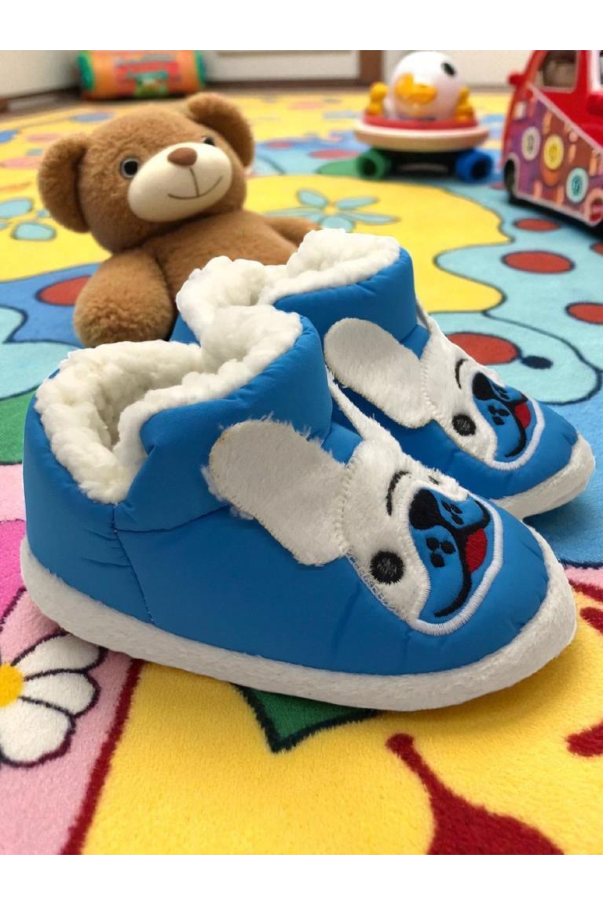 Erkek Çocuk Hayvanlı Kışlık Yumuşacık İçi Yünlü Mavi Ev Pandufu - Görsel 2