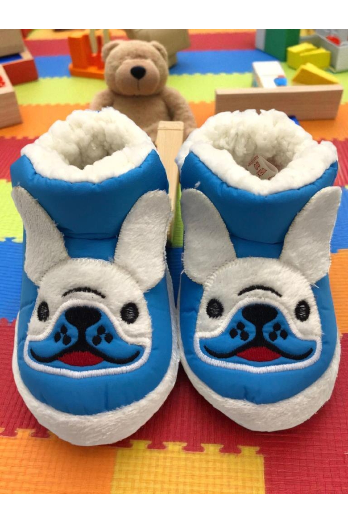 Erkek Çocuk Hayvanlı Kışlık Yumuşacık İçi Yünlü Mavi Ev Pandufu - Görsel 3