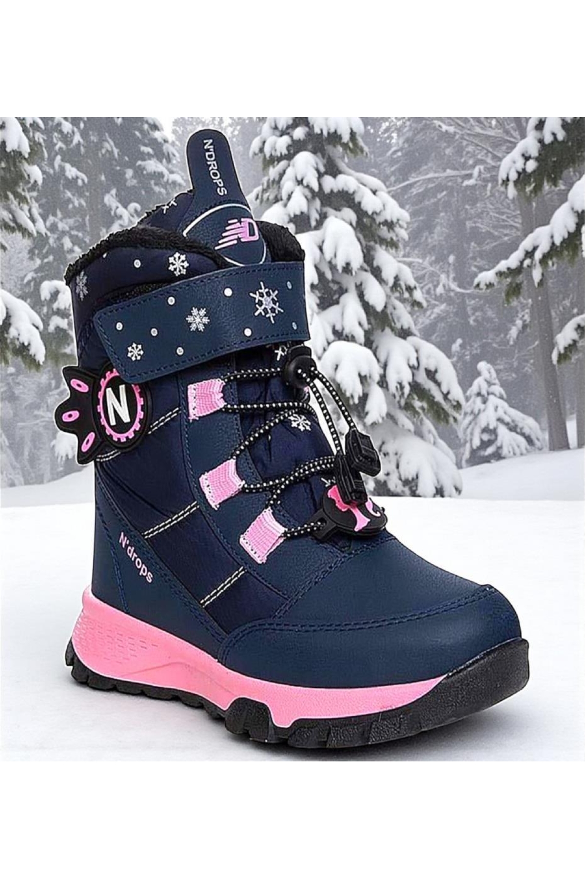 Kız Çocuk Suya Ve Soğuk Havaya Dayanıklı Kaymaz Taban Cırtlı Lacivert Pembe Kar Botu - Görsel 2