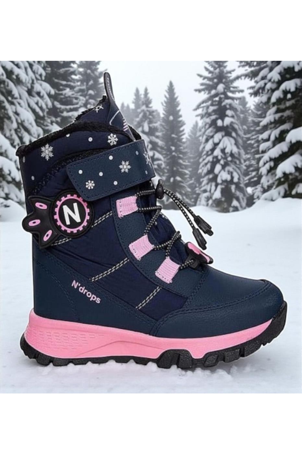 Kız Çocuk Suya Ve Soğuk Havaya Dayanıklı Kaymaz Taban Cırtlı Lacivert Pembe Kar Botu - Görsel 3