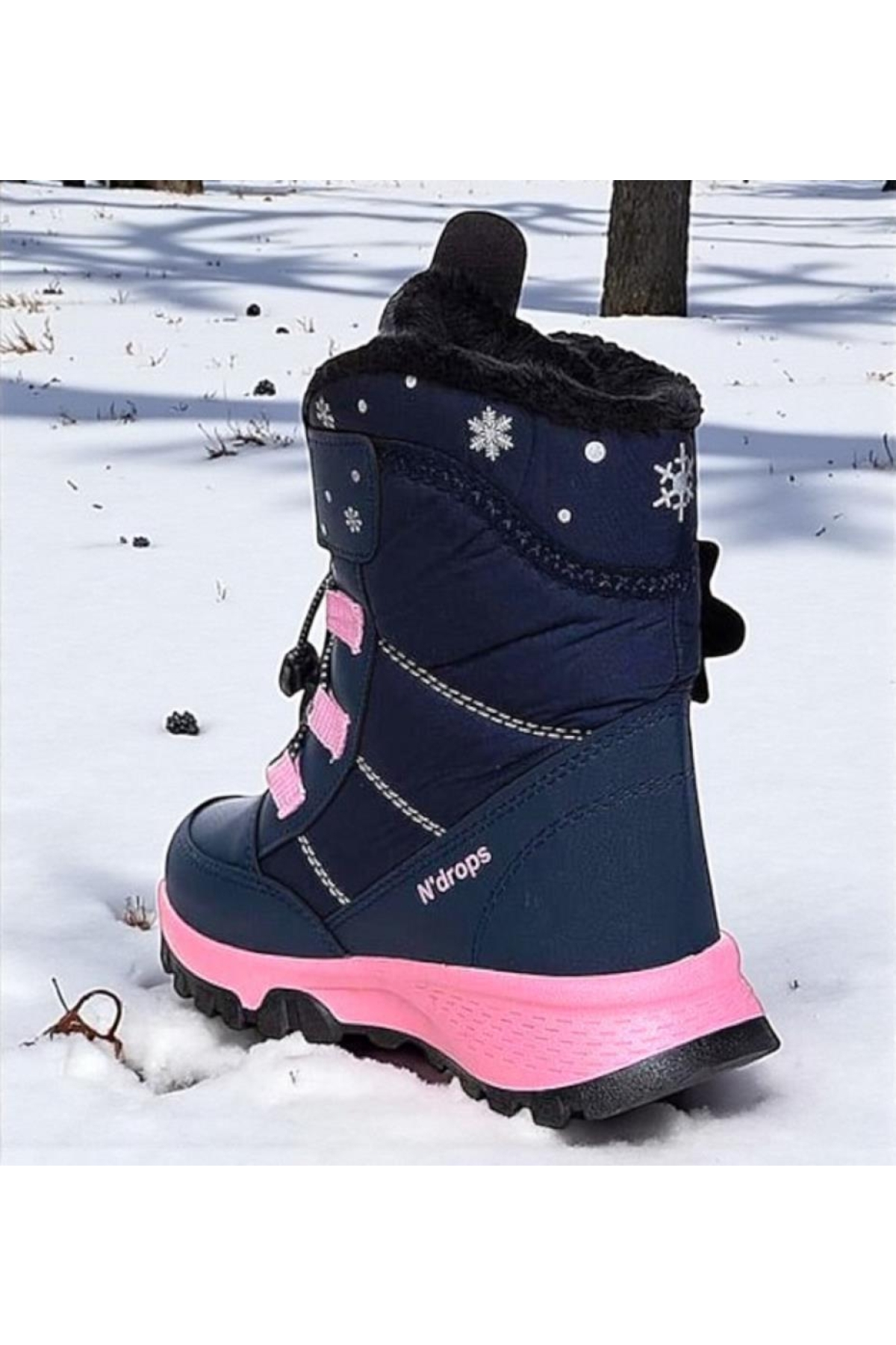 Kız Çocuk Suya Ve Soğuk Havaya Dayanıklı Kaymaz Taban Cırtlı Lacivert Pembe Kar Botu - Görsel 4