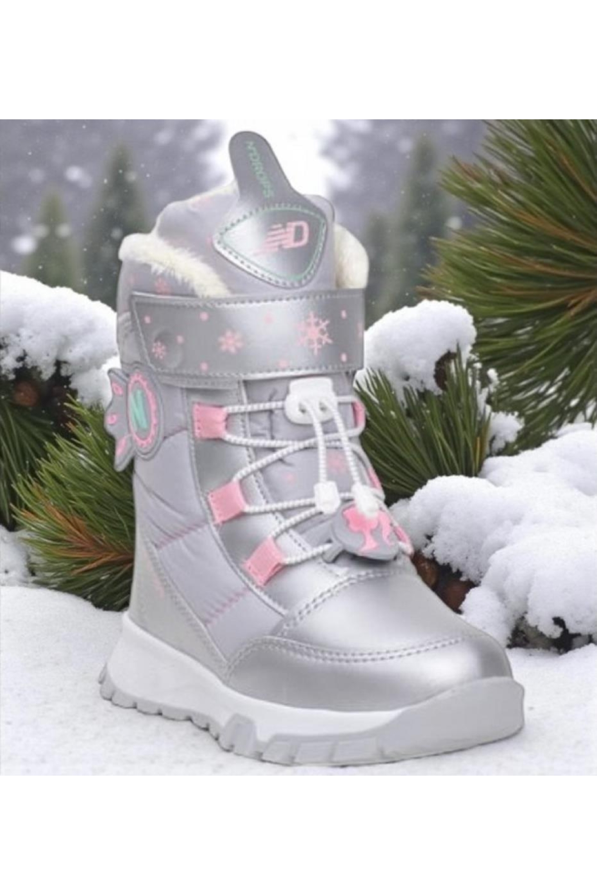 Kız Çocuk Suya Ve Soğuk Havaya Dayanıklı Kaymaz Taban Cırtlı Lacivert Pembe Kar Botu - Görsel 2