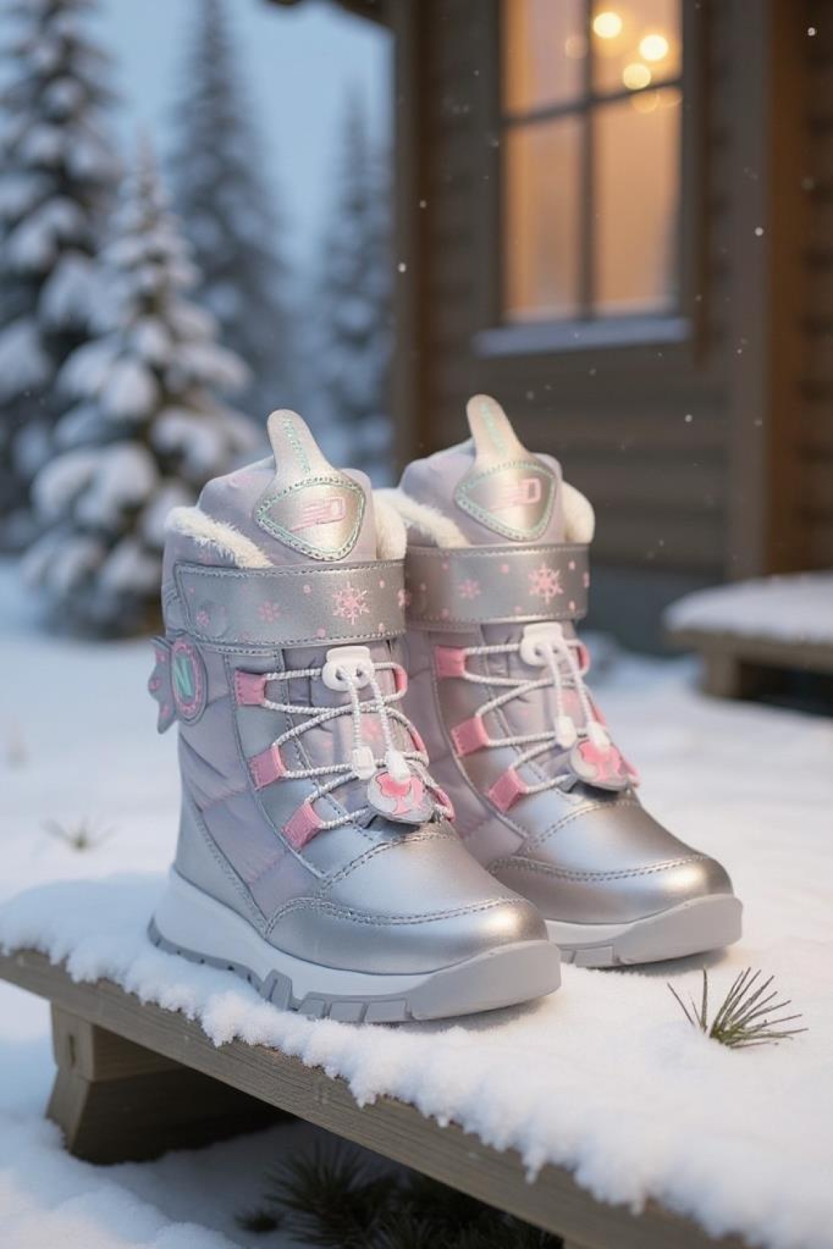 Kız Çocuk Suya Ve Soğuk Havaya Dayanıklı Kaymaz Taban Cırtlı Lacivert Pembe Kar Botu - Görsel 3