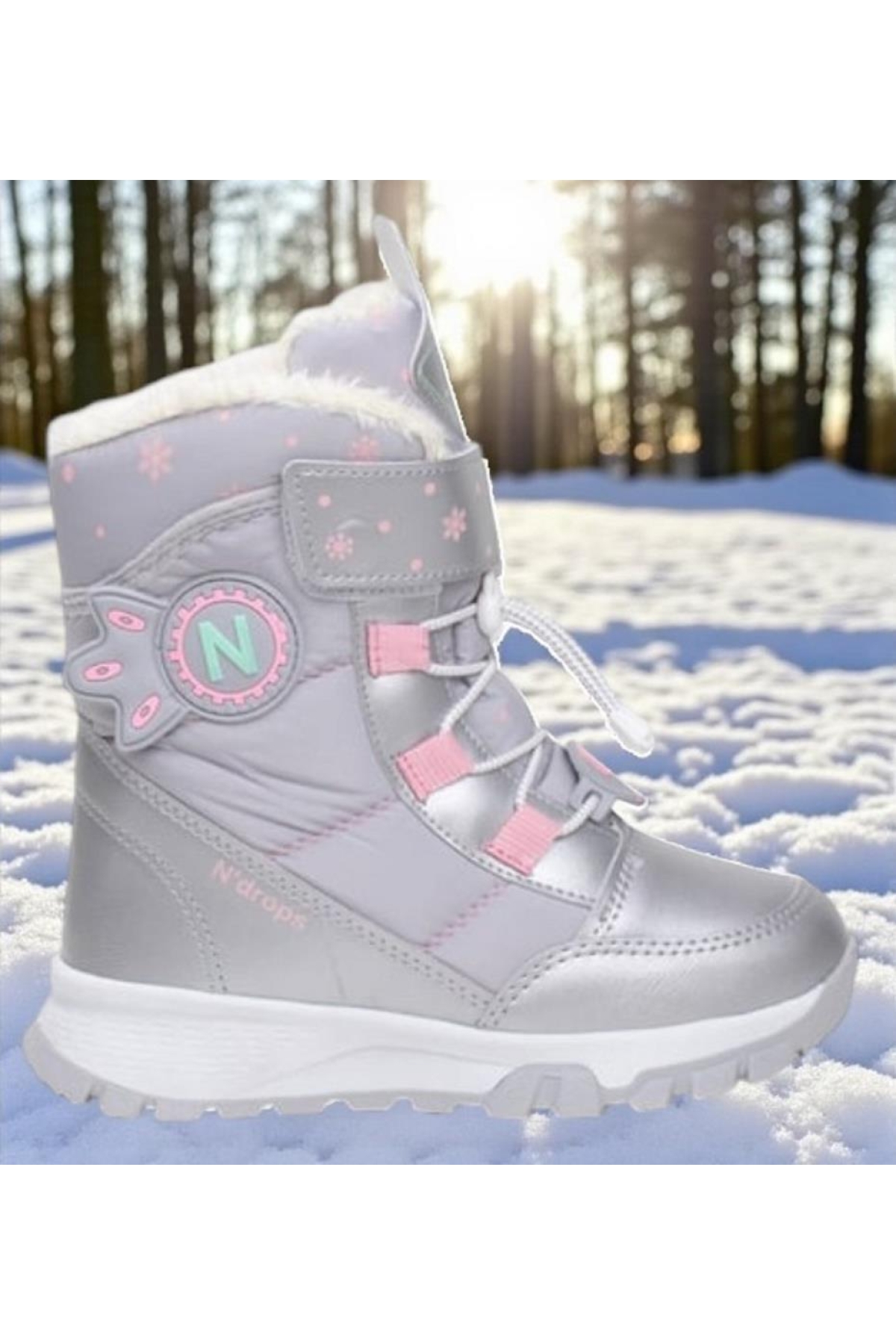 Kız Çocuk Suya Ve Soğuk Havaya Dayanıklı Kaymaz Taban Cırtlı Lacivert Pembe Kar Botu - Görsel 4