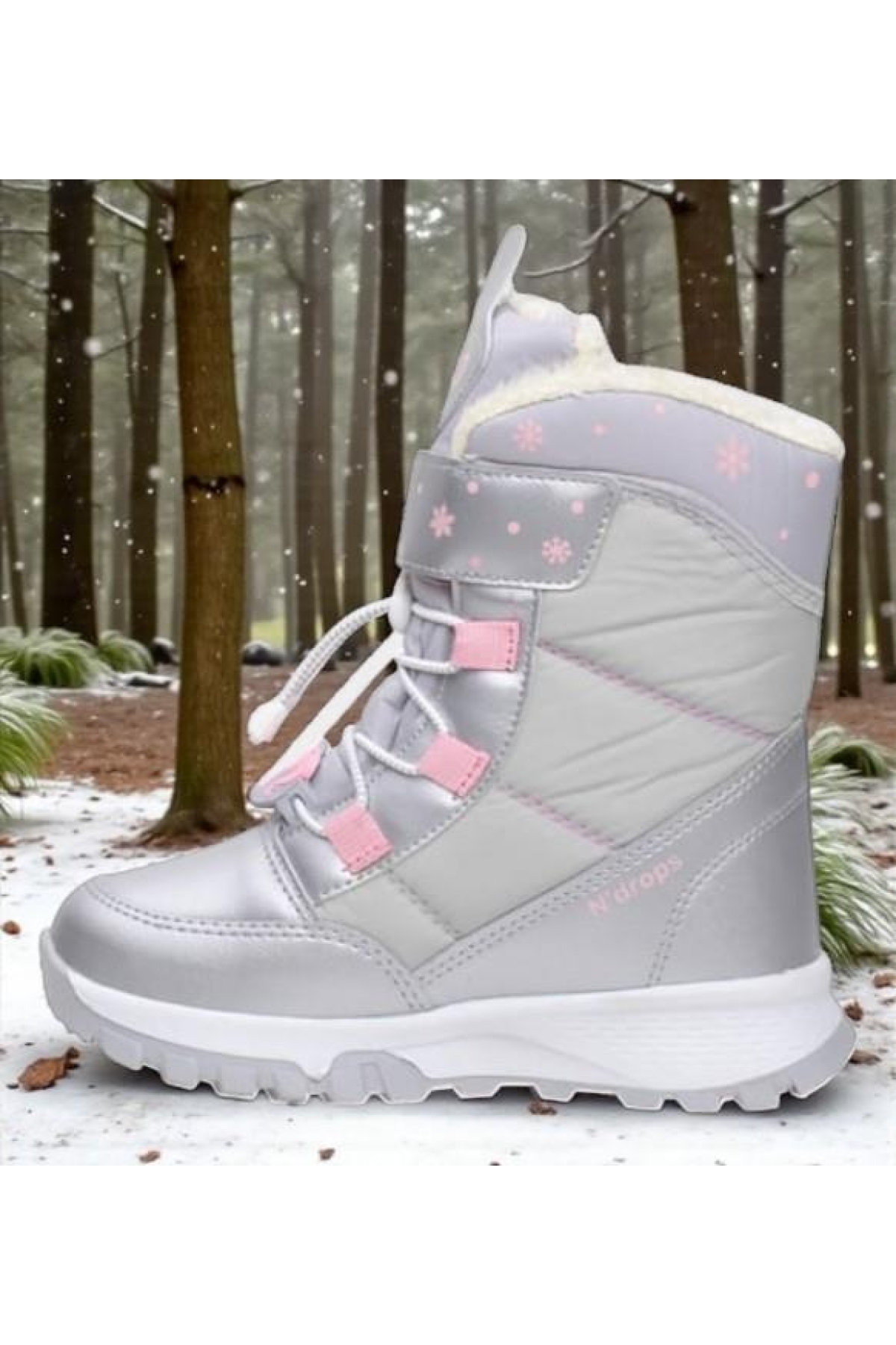 Kız Çocuk Suya Ve Soğuk Havaya Dayanıklı Kaymaz Taban Cırtlı Lacivert Pembe Kar Botu - Görsel 5