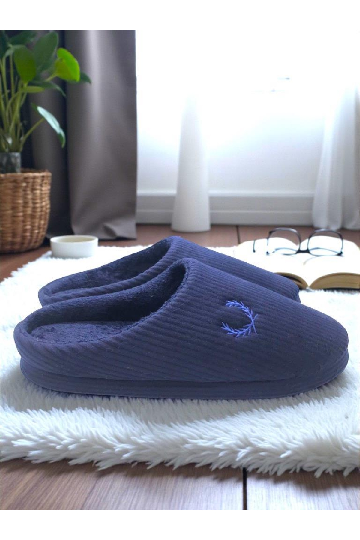 Erkek Lacivert Ev Terliği Ses Yapmayan Yumuşak Rahat Taban İçi Yünlü Terlik - Görsel 5
