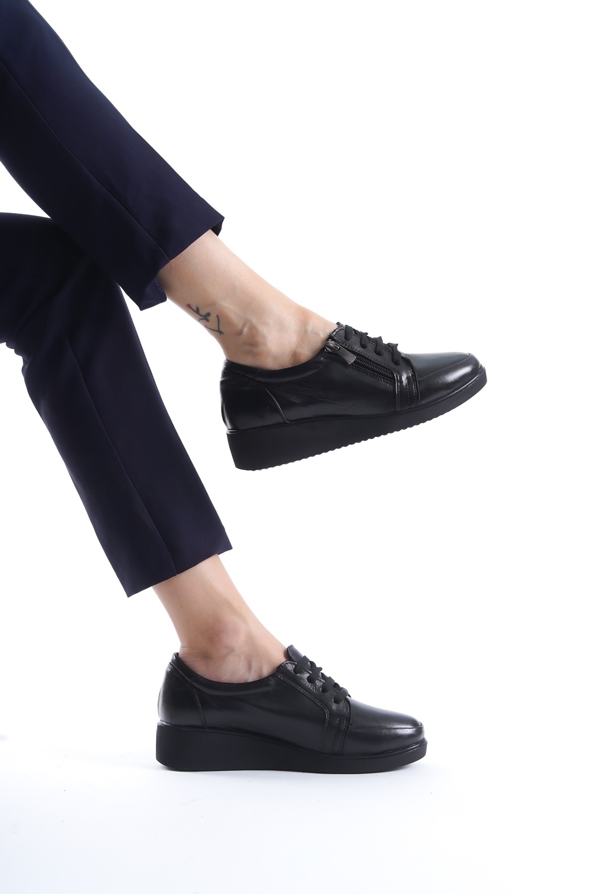 Faap Siyah Hakiki Deri Anatomik Fermuarlı Hafif Rahat Genç Anne Ayakkabısı - Görsel 2