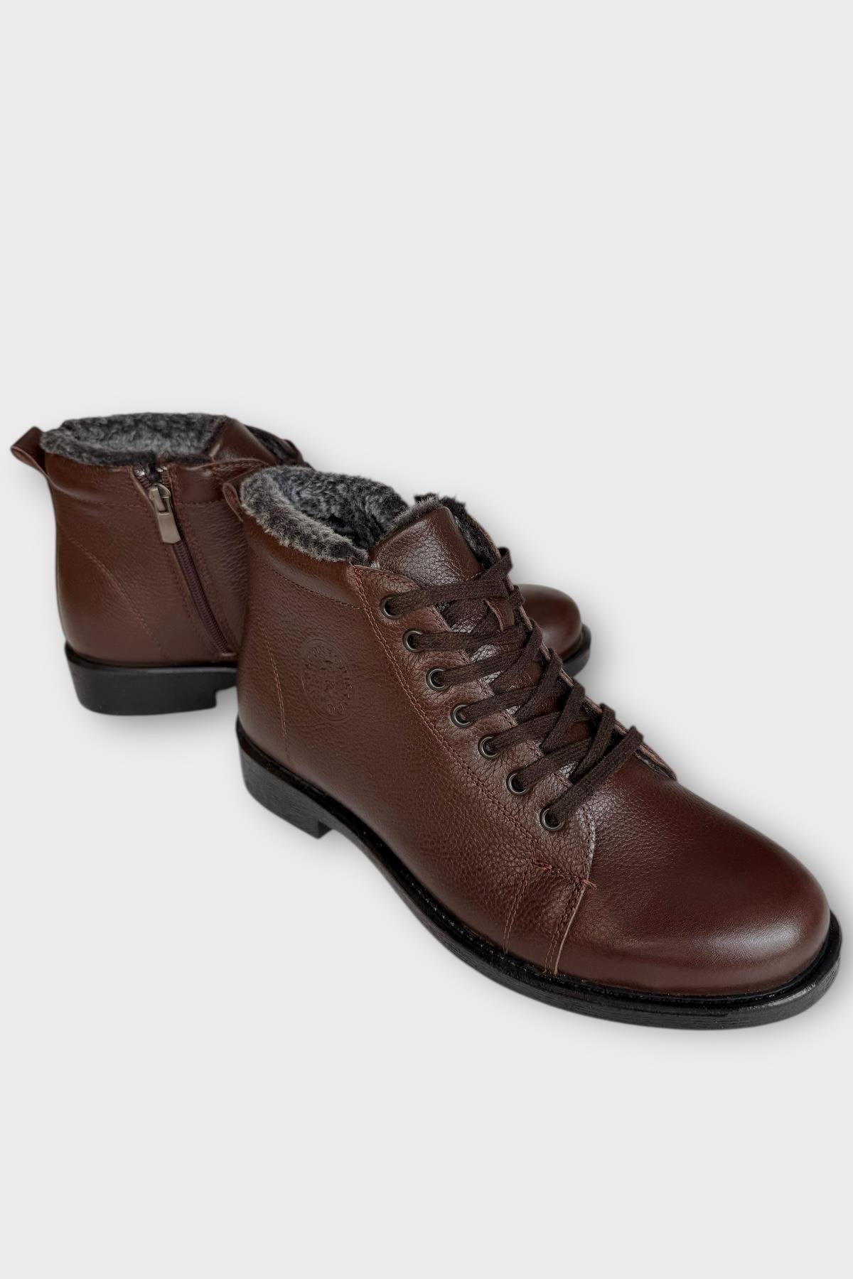 Erkek Hakiki Deri İçi Kürklü Kaydırmaz Kauçuk Taban Fermuarlı Bot KAHVERENGİ - Görsel 3