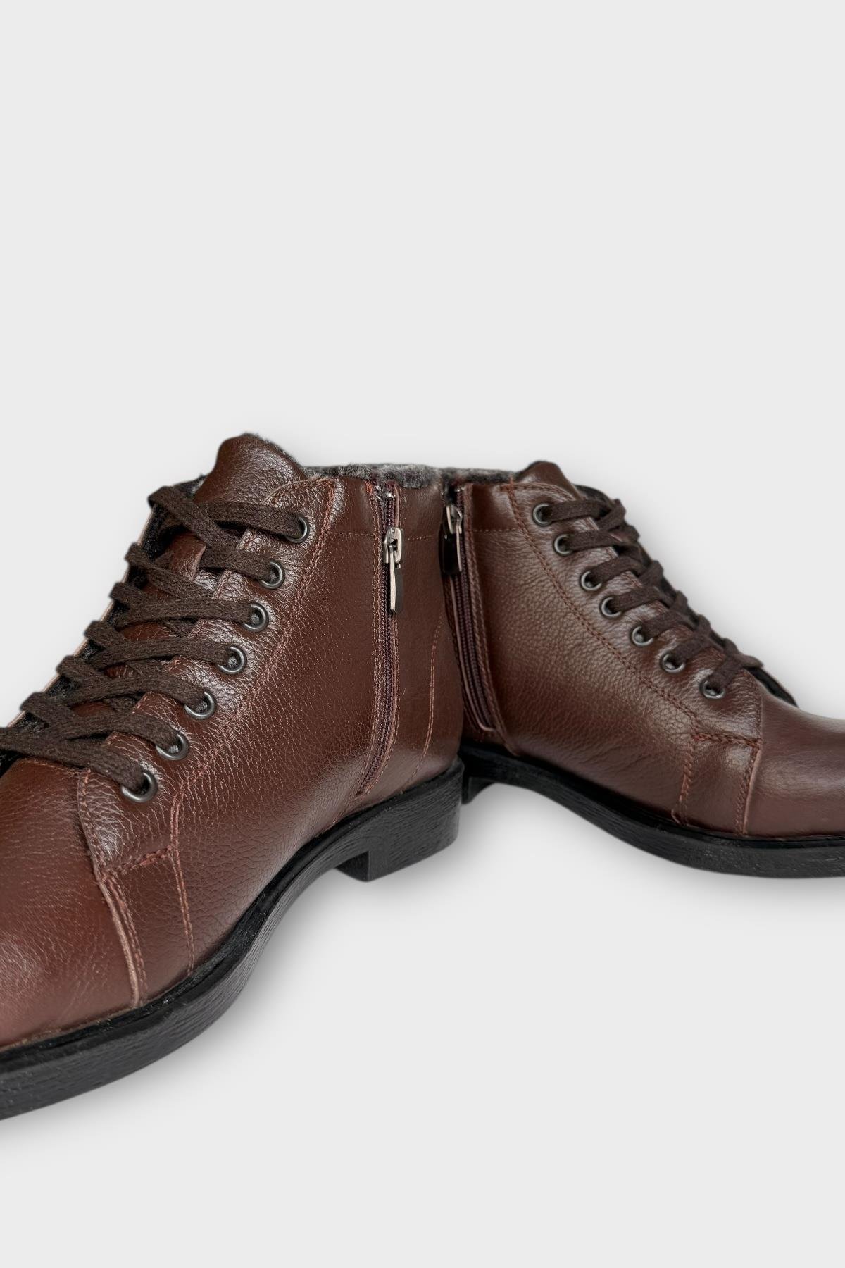 Erkek Hakiki Deri İçi Kürklü Kaydırmaz Kauçuk Taban Fermuarlı Bot KAHVERENGİ - Görsel 4
