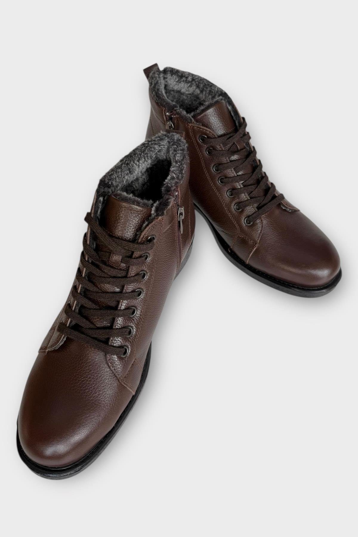 Erkek Hakiki Deri İçi Kürklü Kaydırmaz Kauçuk Taban Fermuarlı Bot KAHVERENGİ - Görsel 5