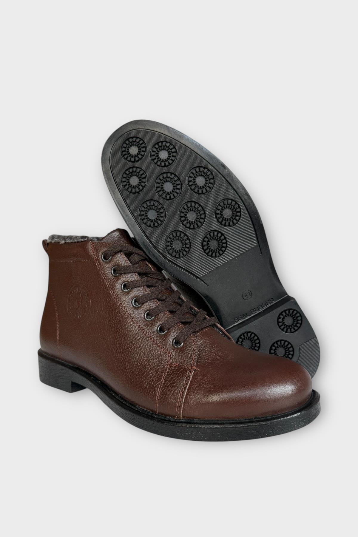 Erkek Hakiki Deri İçi Kürklü Kaydırmaz Kauçuk Taban Fermuarlı Bot KAHVERENGİ - Görsel 7