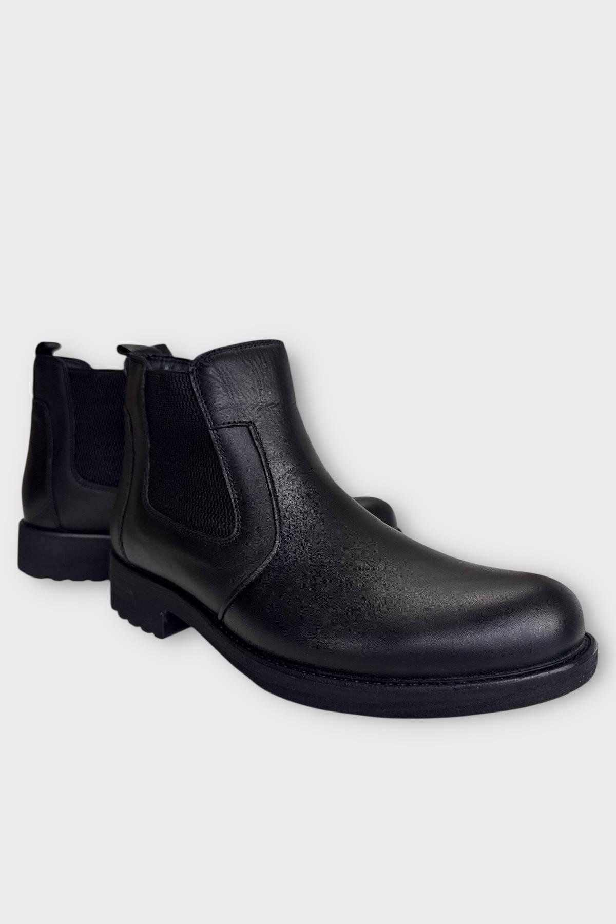 Hakiki Deri Yanı Lastikli Kaydırmaz Kauçuk Taban Erkek Bot SİYAH - SİYAH - Görsel 3
