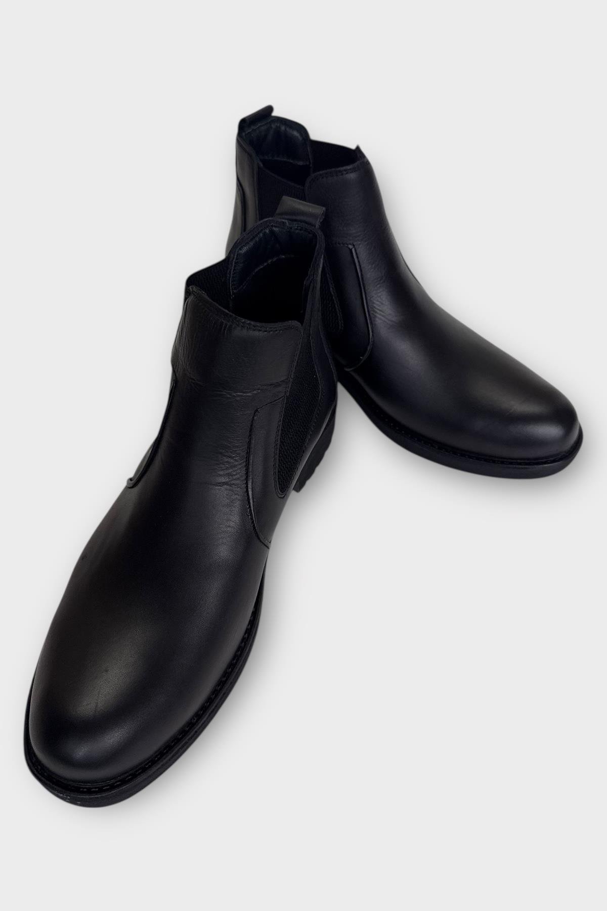 Hakiki Deri Yanı Lastikli Kaydırmaz Kauçuk Taban Erkek Bot SİYAH - SİYAH - Görsel 5