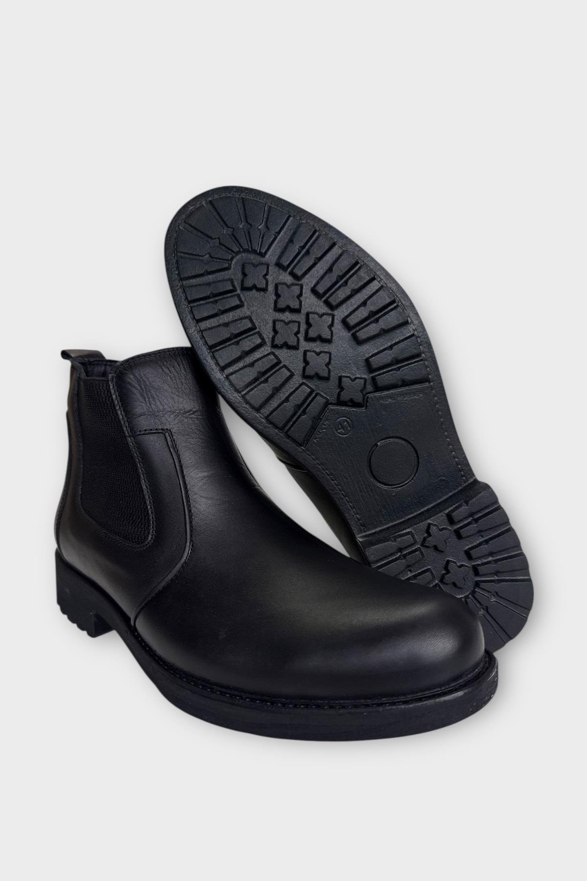 Hakiki Deri Yanı Lastikli Kaydırmaz Kauçuk Taban Erkek Bot SİYAH - SİYAH - Görsel 7