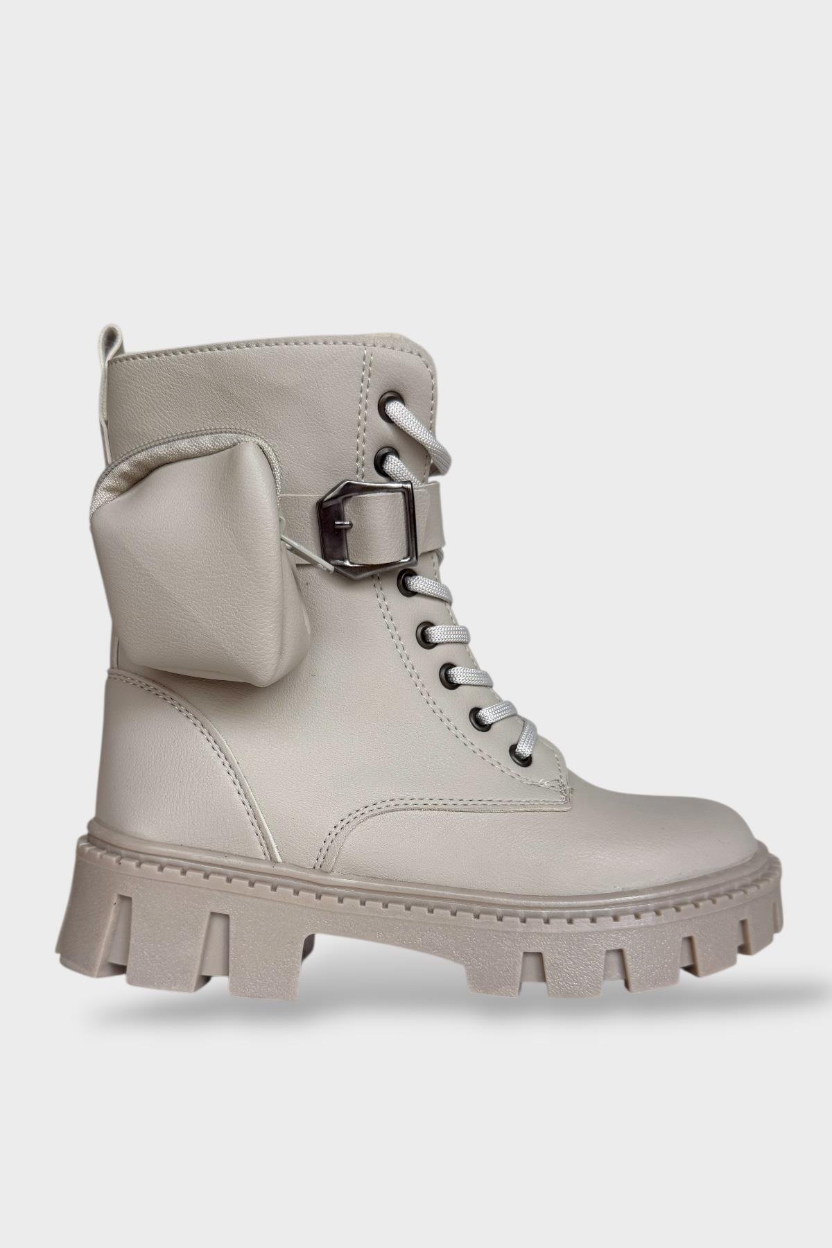 Liger Liger Kadın Çanta Detay Yüksek Kalın Taban Bağcıklı Fermuarlı Bot BEJ | Flo Bej - 2. görsel