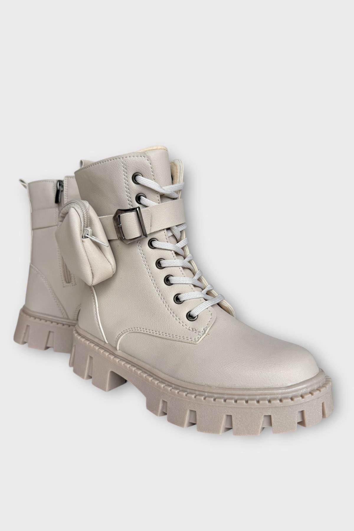 Liger Liger Kadın Çanta Detay Yüksek Kalın Taban Bağcıklı Fermuarlı Bot BEJ | Flo Bej - 3. görsel