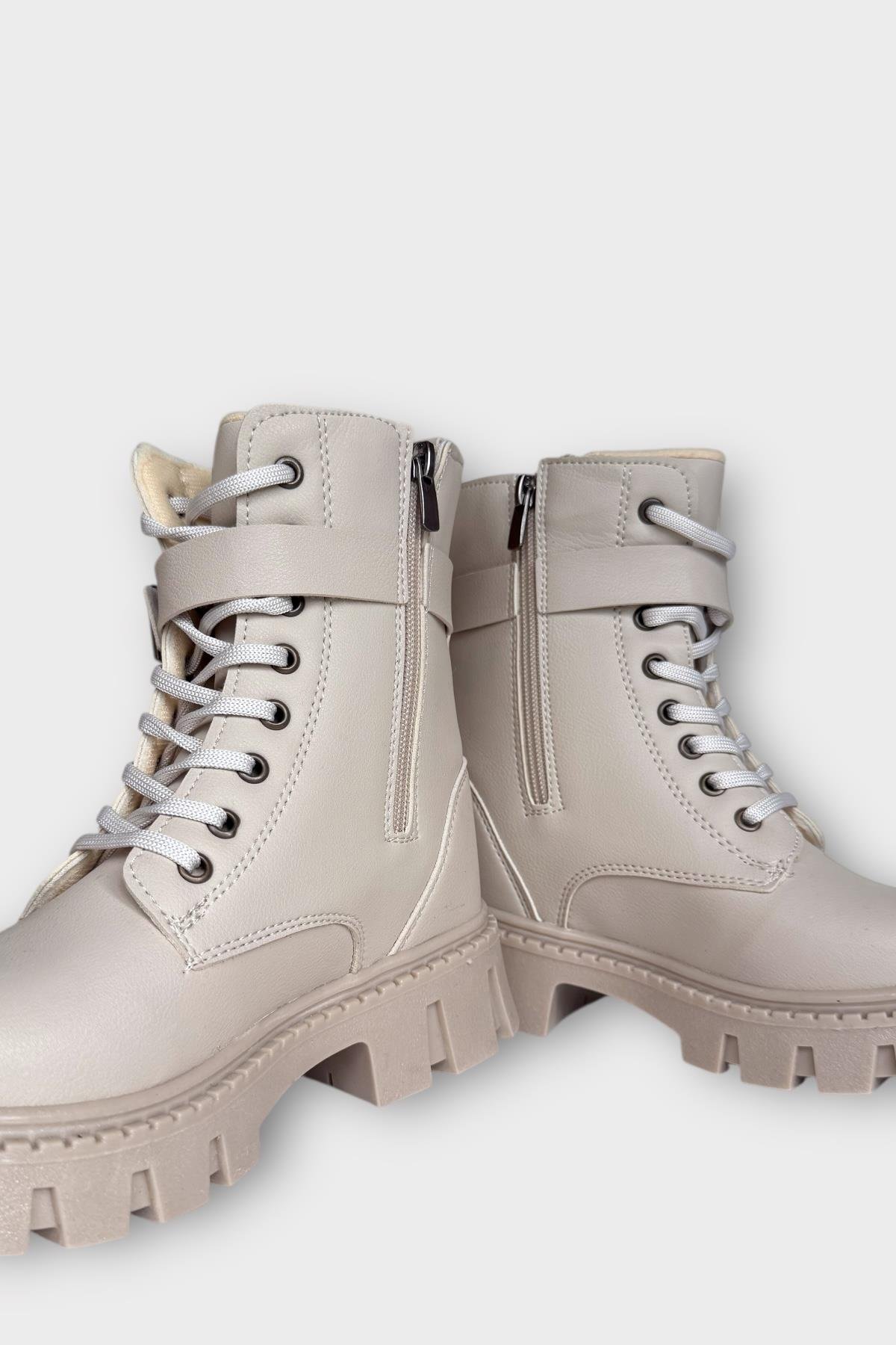 Liger Liger Kadın Çanta Detay Yüksek Kalın Taban Bağcıklı Fermuarlı Bot BEJ | Flo Bej - 4. görsel